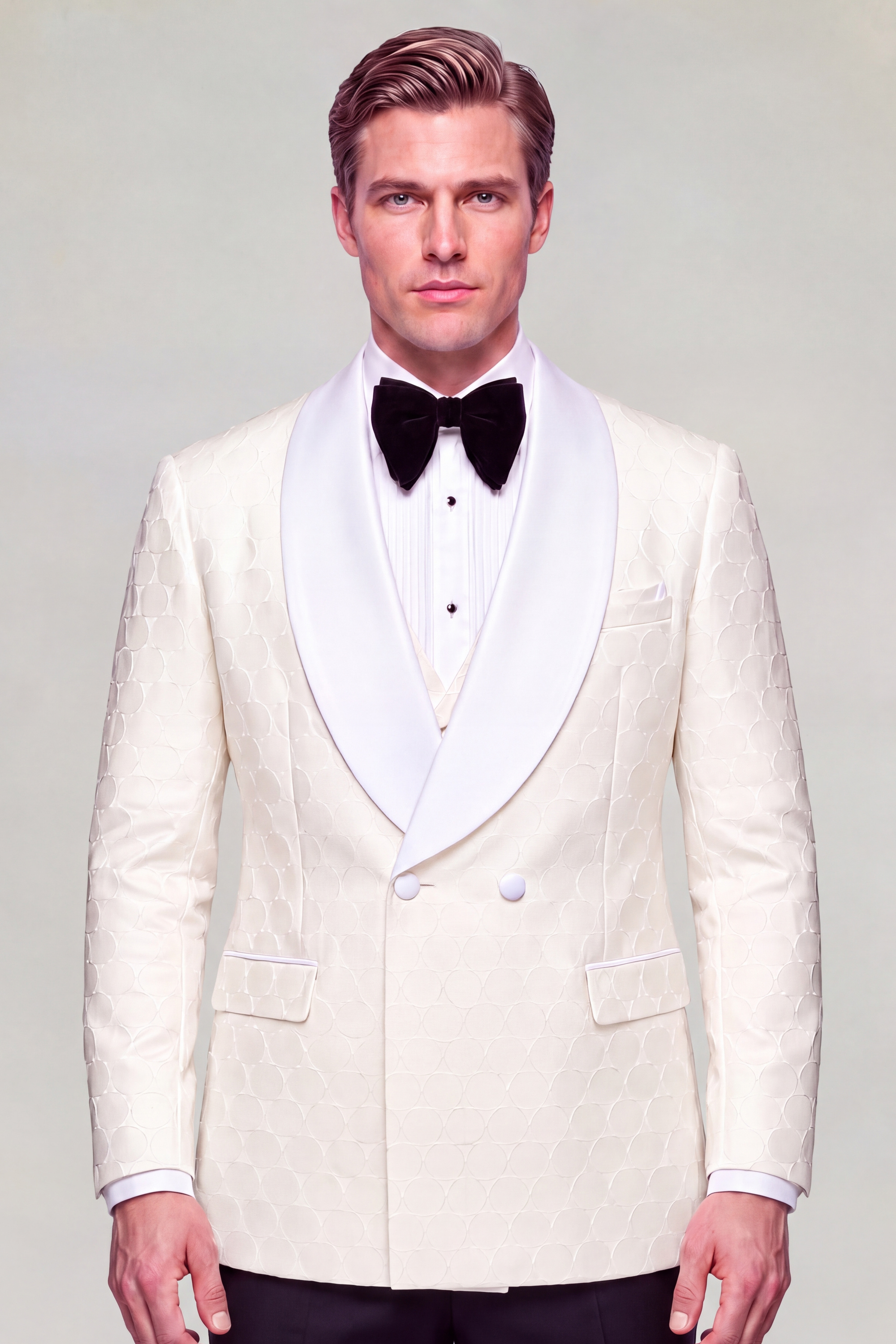 Closed double breasted cream tuxedo jacket with white satin lapels and solid black trousers from Gentleman’s Guru