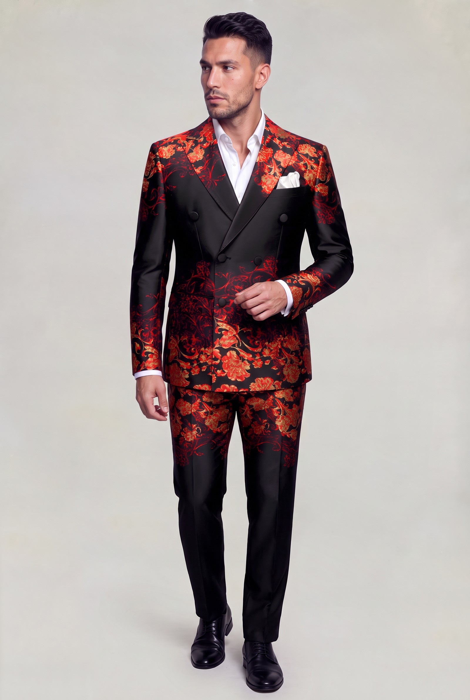 Cremon floral three-piece prom suit in a natural movement pose