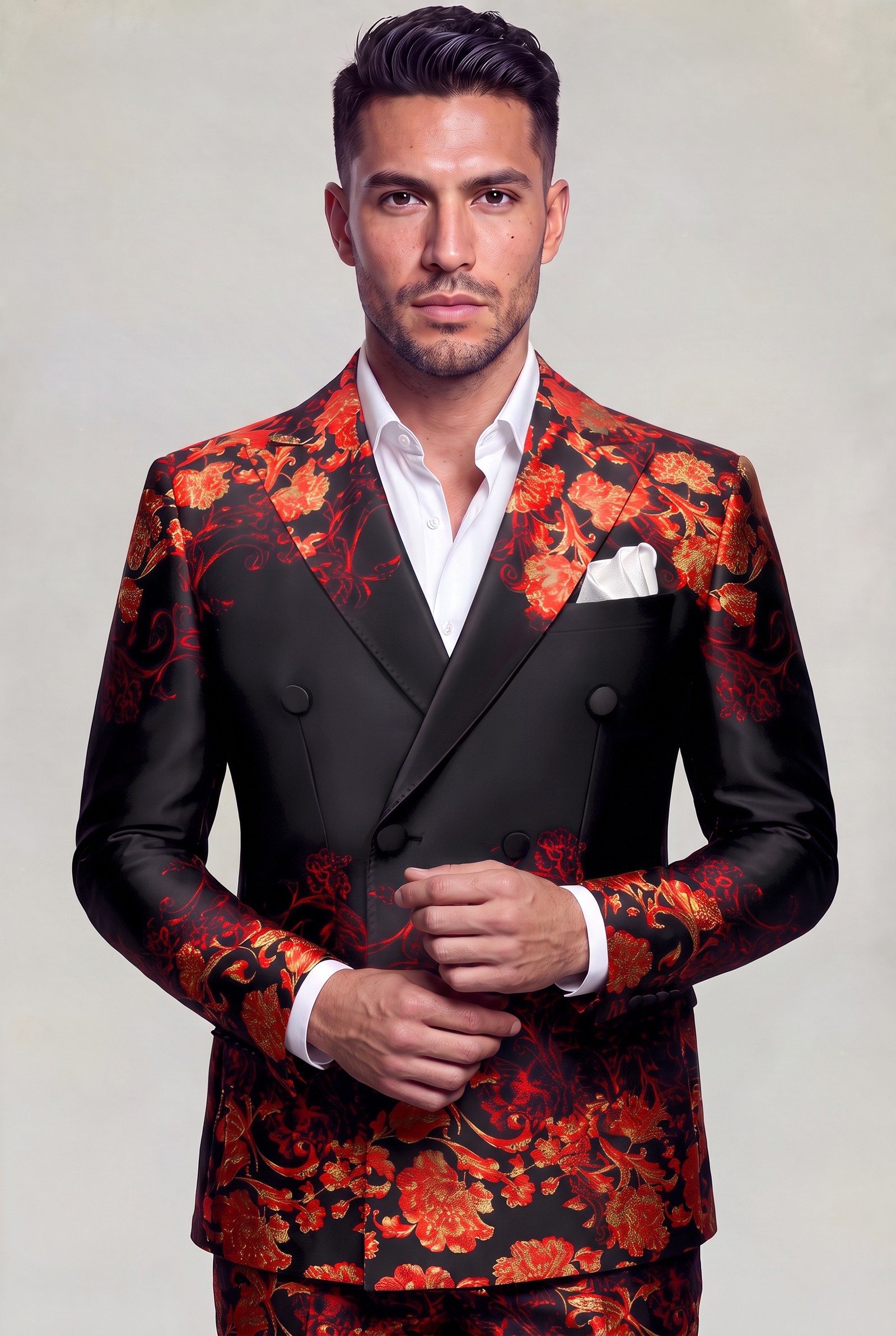 Cremon floral three-piece groom suit in a cuff-adjusting pose