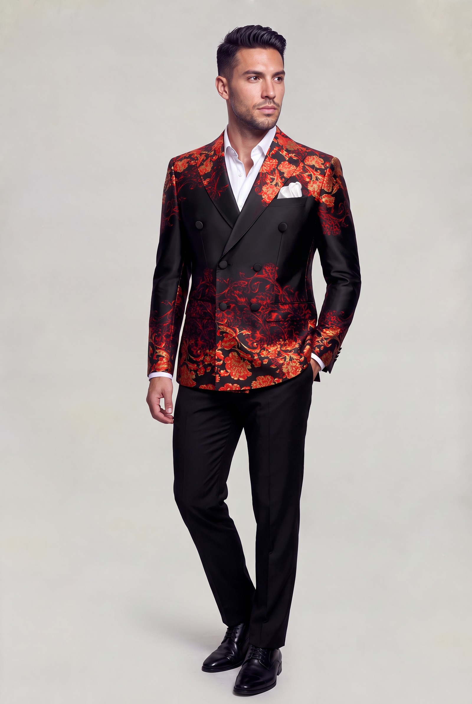 Floral double-breasted jacket and vest with solid black trousers