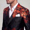 Close-up of floral notch lapel and white pocket square