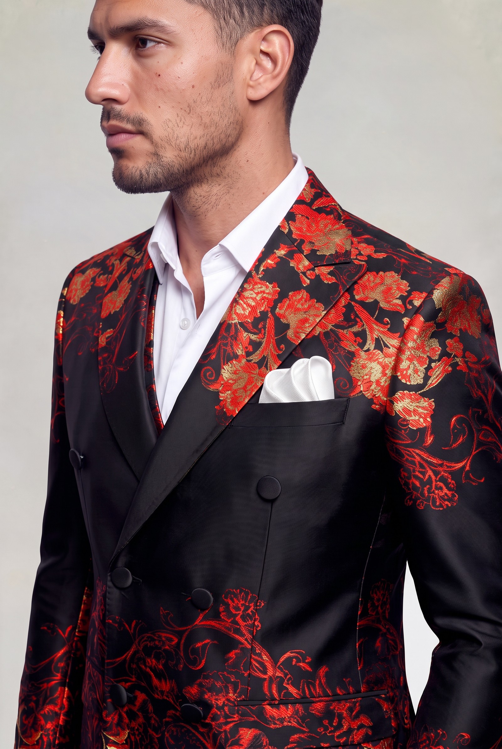 Close-up of floral notch lapel and white pocket square