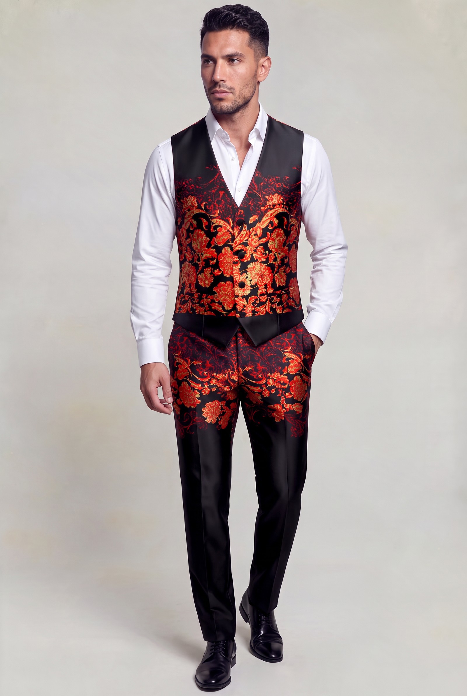 Full-length floral waistcoat and matching placement-print trousers