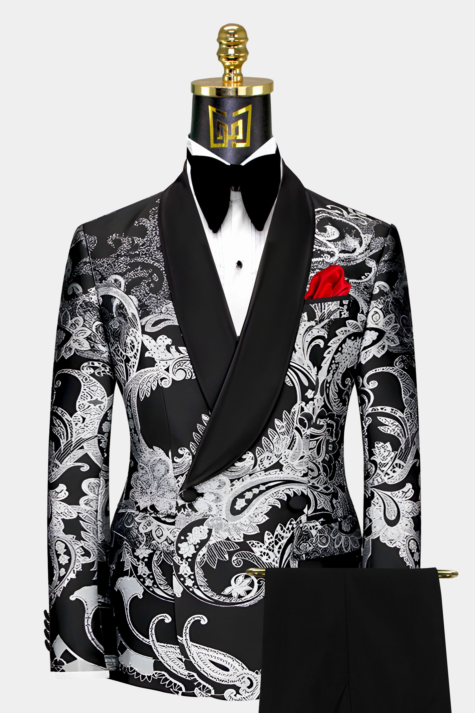 Double Breasted Black & Silver Paisley Tuxedo - 3 Piece