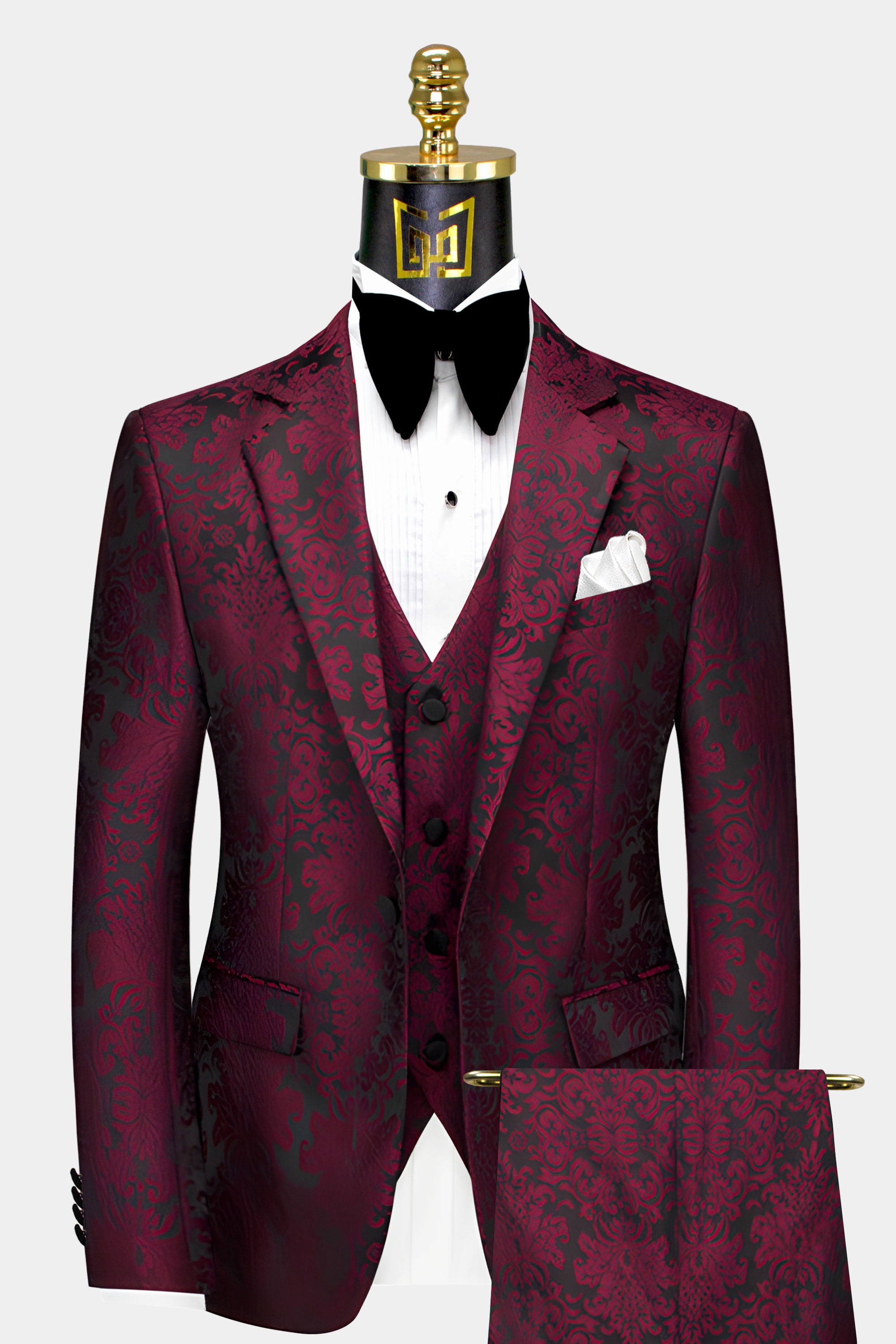 Damask Burgundy & Black Suit - 3 Piece