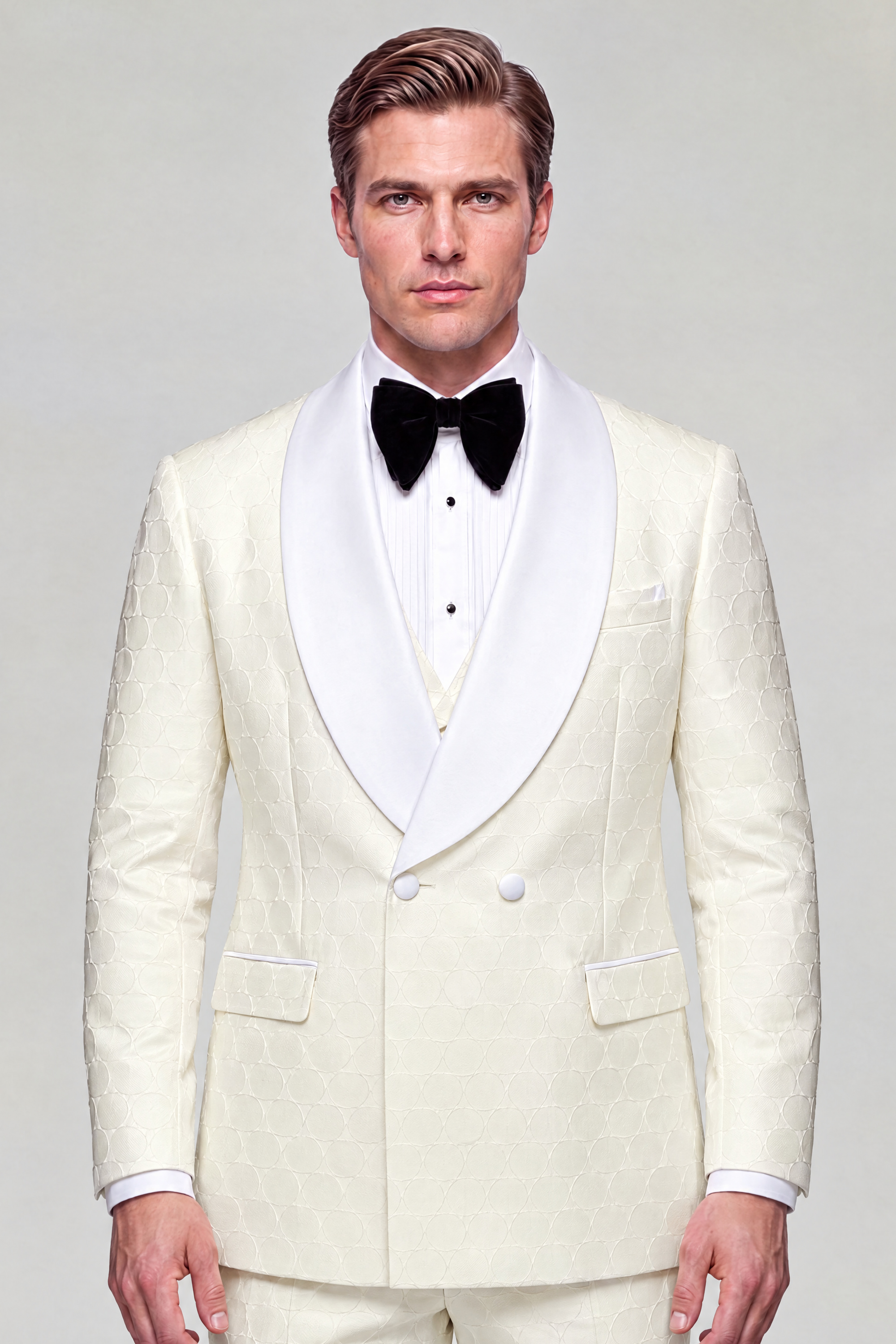 Front portrait showing the full cream tuxedo jacket, white satin shawl lapels and matching patterned trousers from Gentleman’s Guru