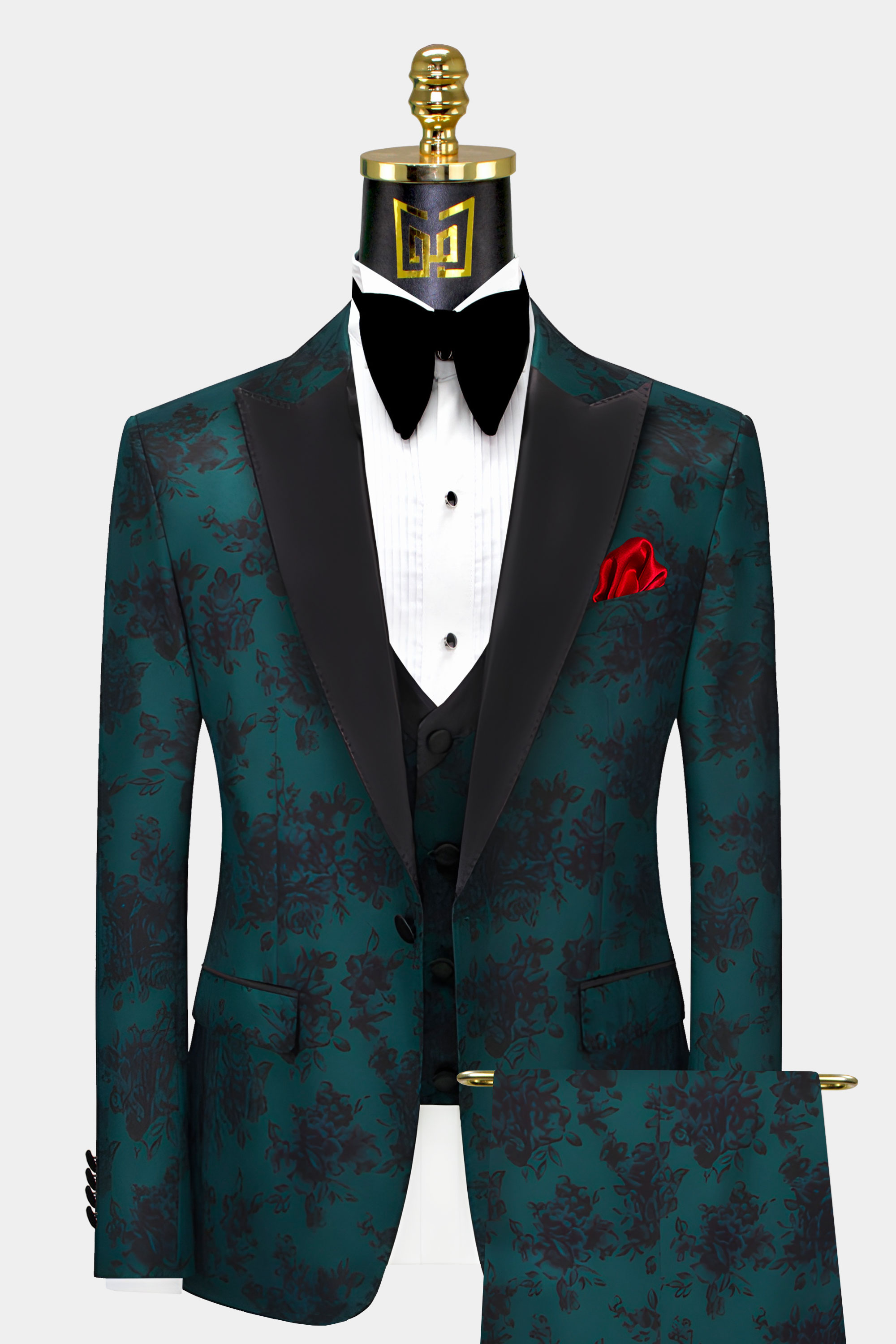 Forest Green Floral Tuxedo - 3 Piece