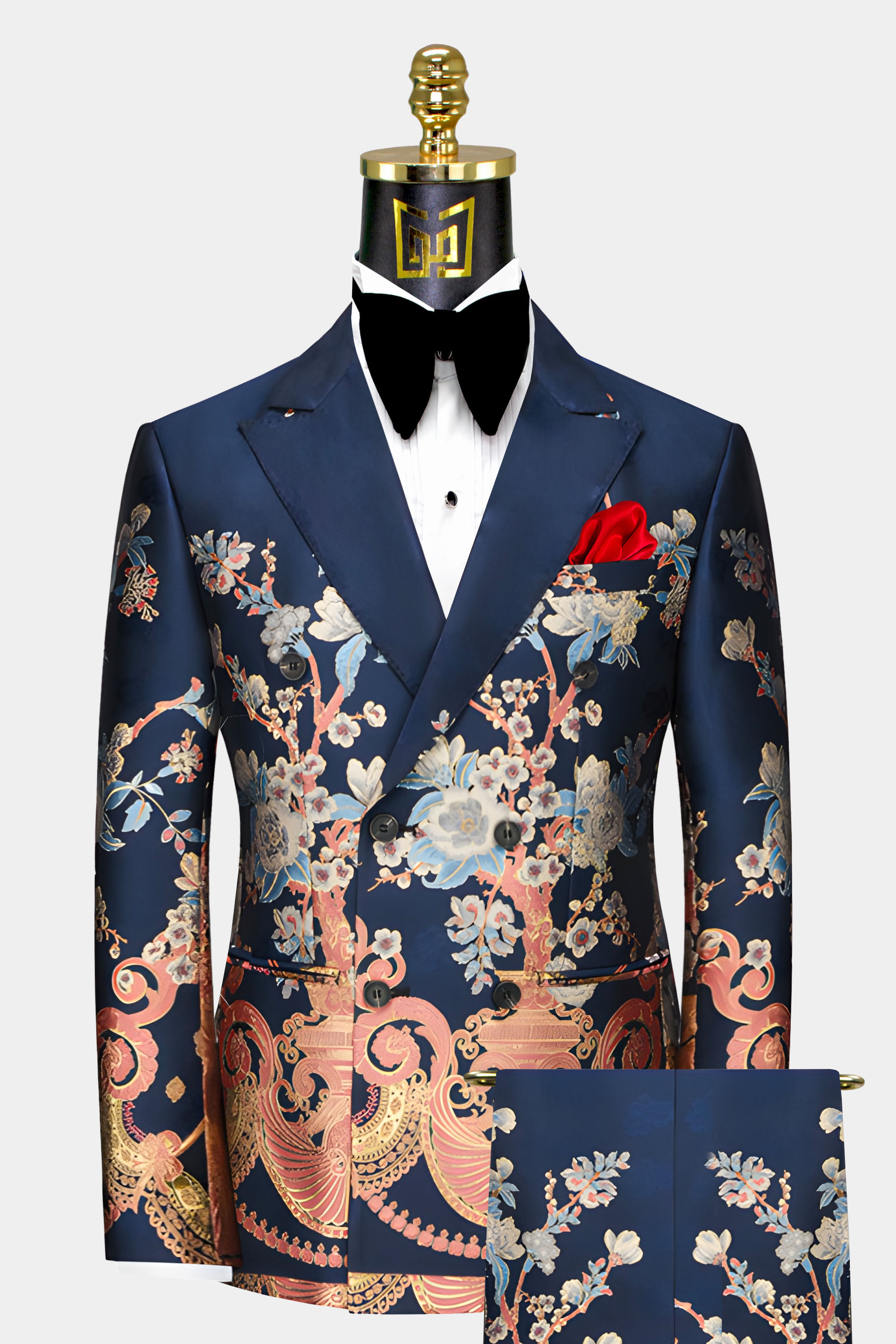 Double Breasted Sakura Floral Navy Blue Suit - 3 Piece