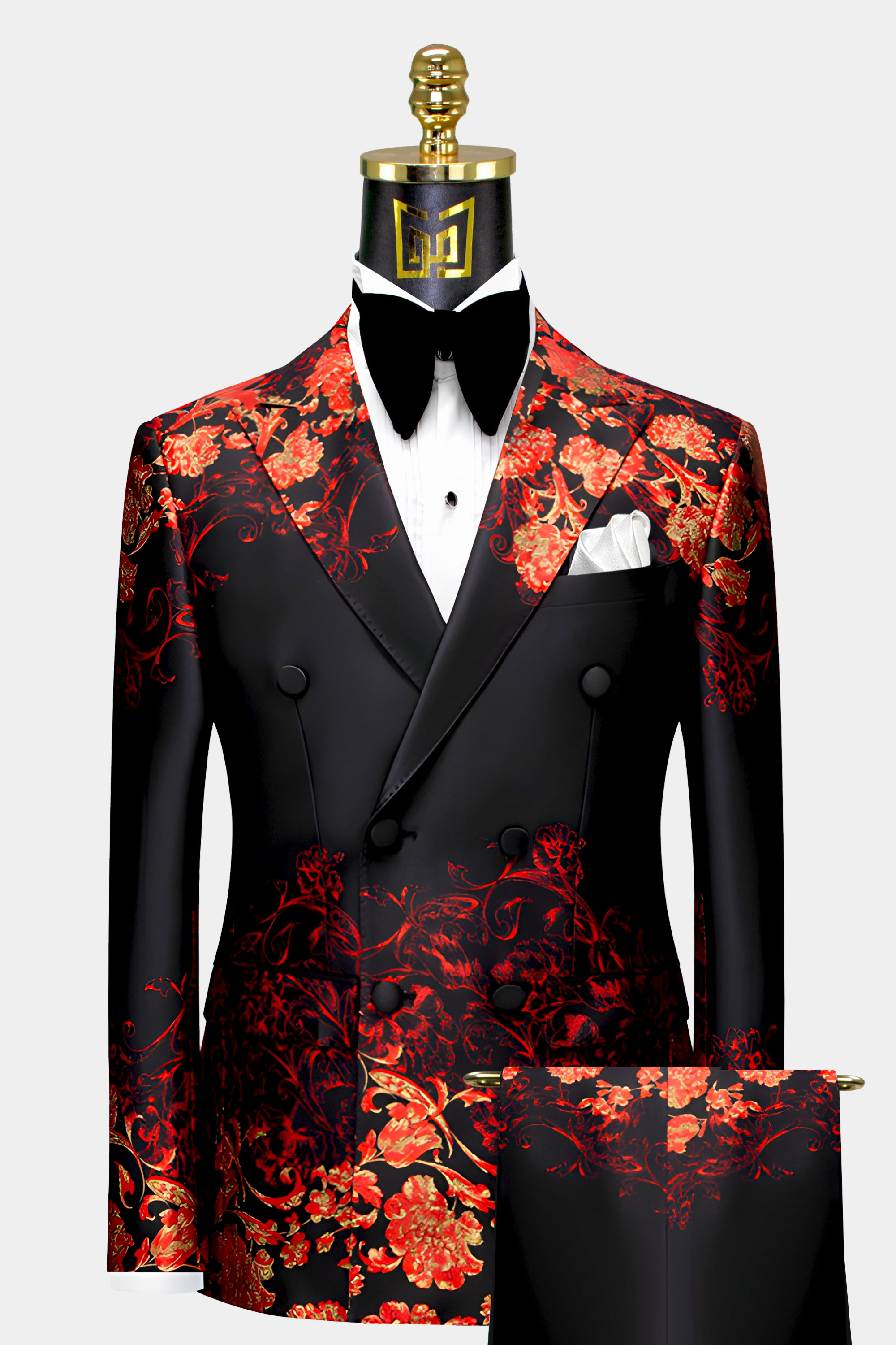 Double Breasted Cremon Floral Red Black & Gold Suit - 3 Piece