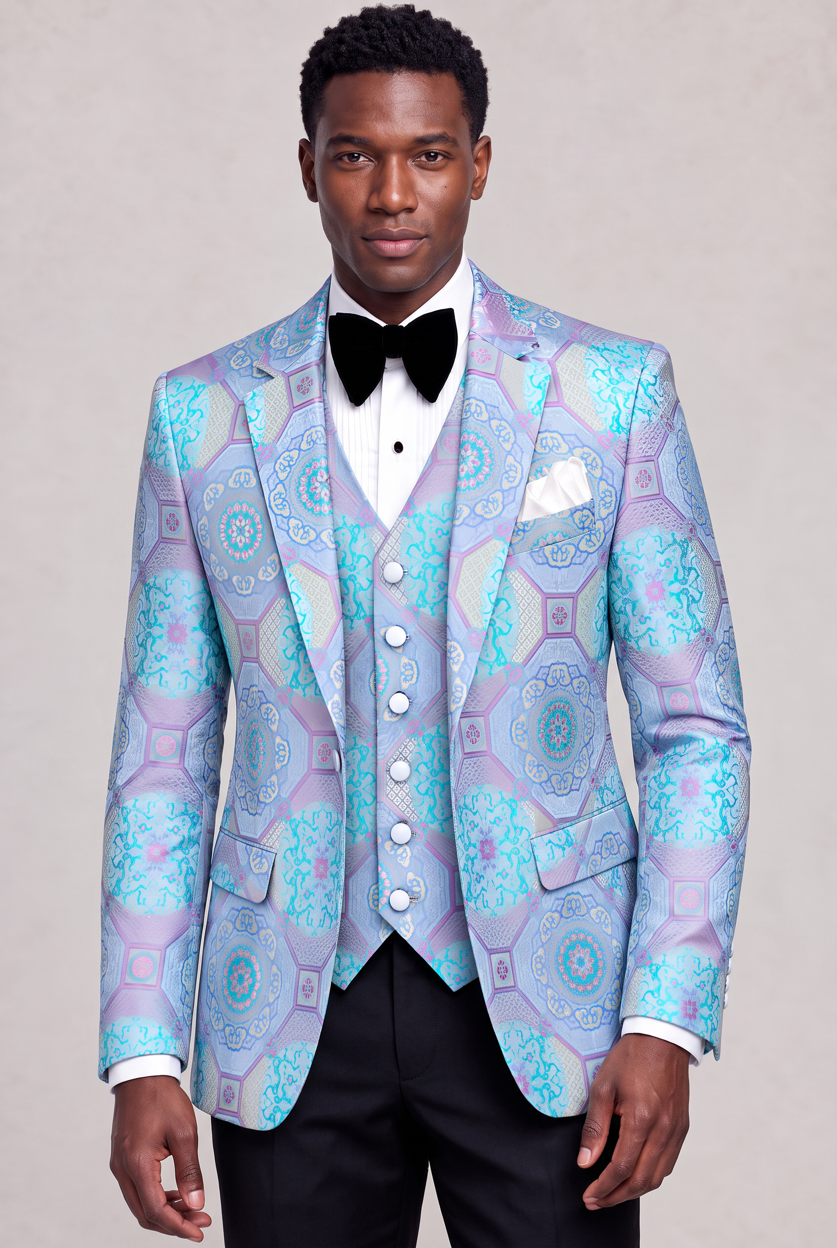 Purple and Turquoise Suit Black Trousers Jacket Length Portrait from Gentlemansguru.com