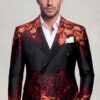 Red black and gold double-breasted floral suit with open-collar shirt and solid trousers