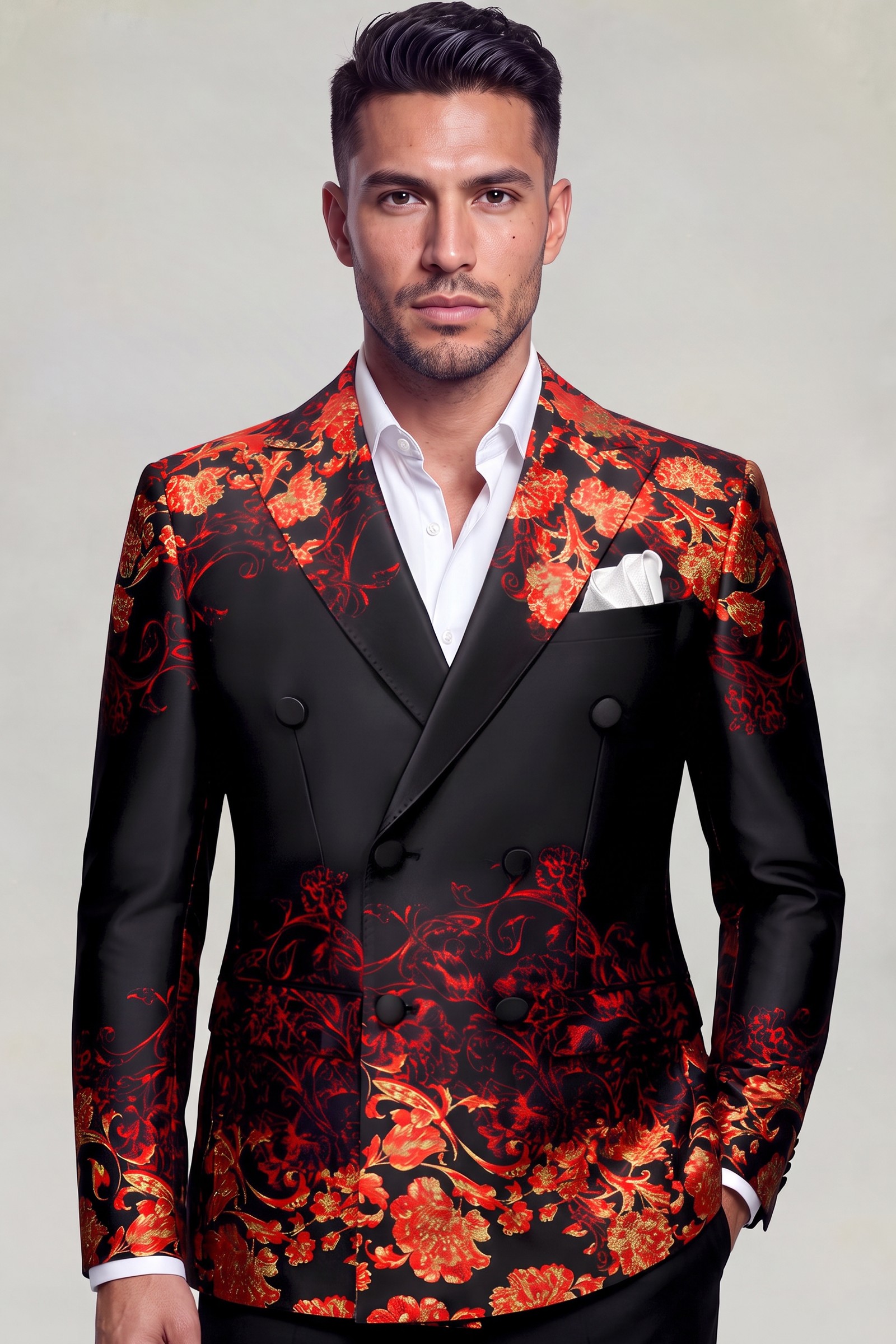 Red black and gold double-breasted floral suit with open-collar shirt and solid trousers