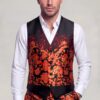 Red black and gold floral waistcoat with an open-collar dress shirt