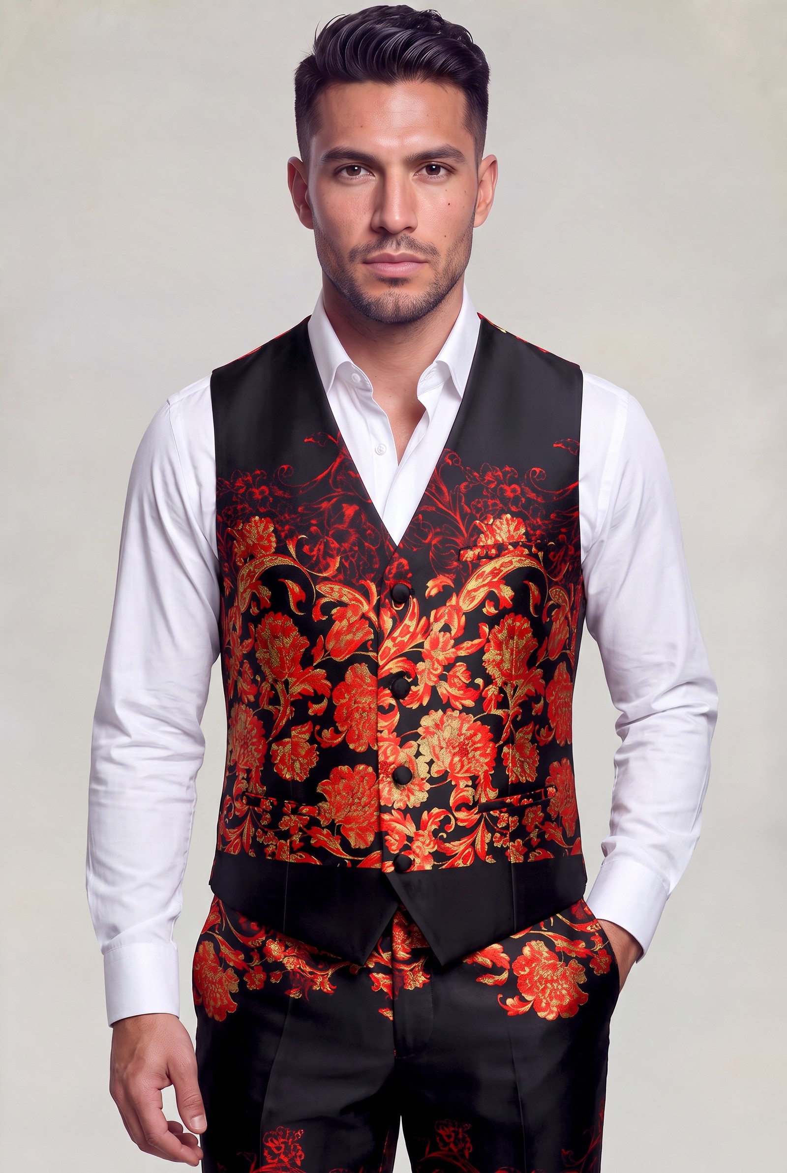 Red black and gold floral waistcoat with an open-collar dress shirt