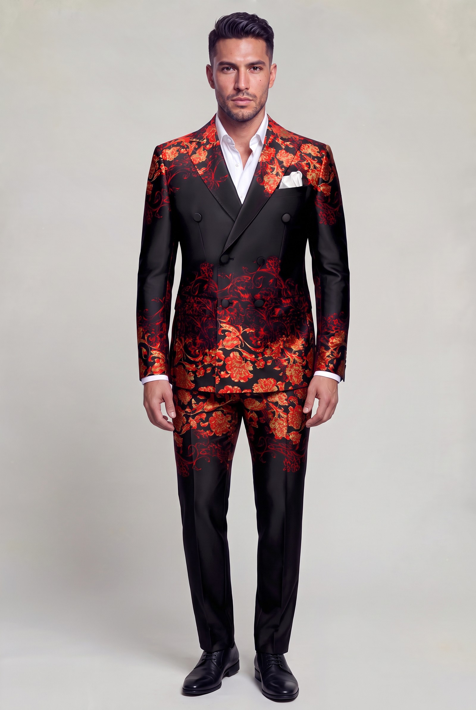 Full-body double-breasted floral wedding suit with matching trousers