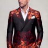 Red and gold floral double-breasted jacket in a three-quarter pose