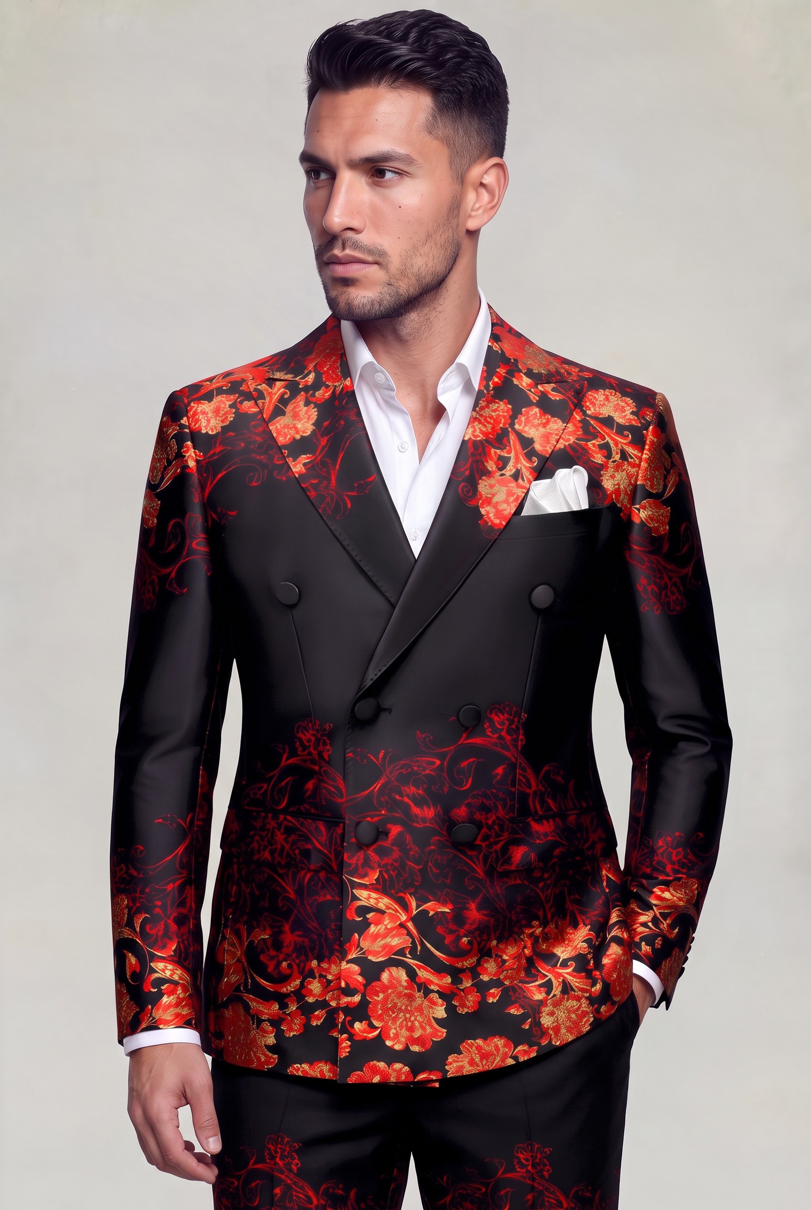 Red and gold floral double-breasted jacket in a three-quarter pose