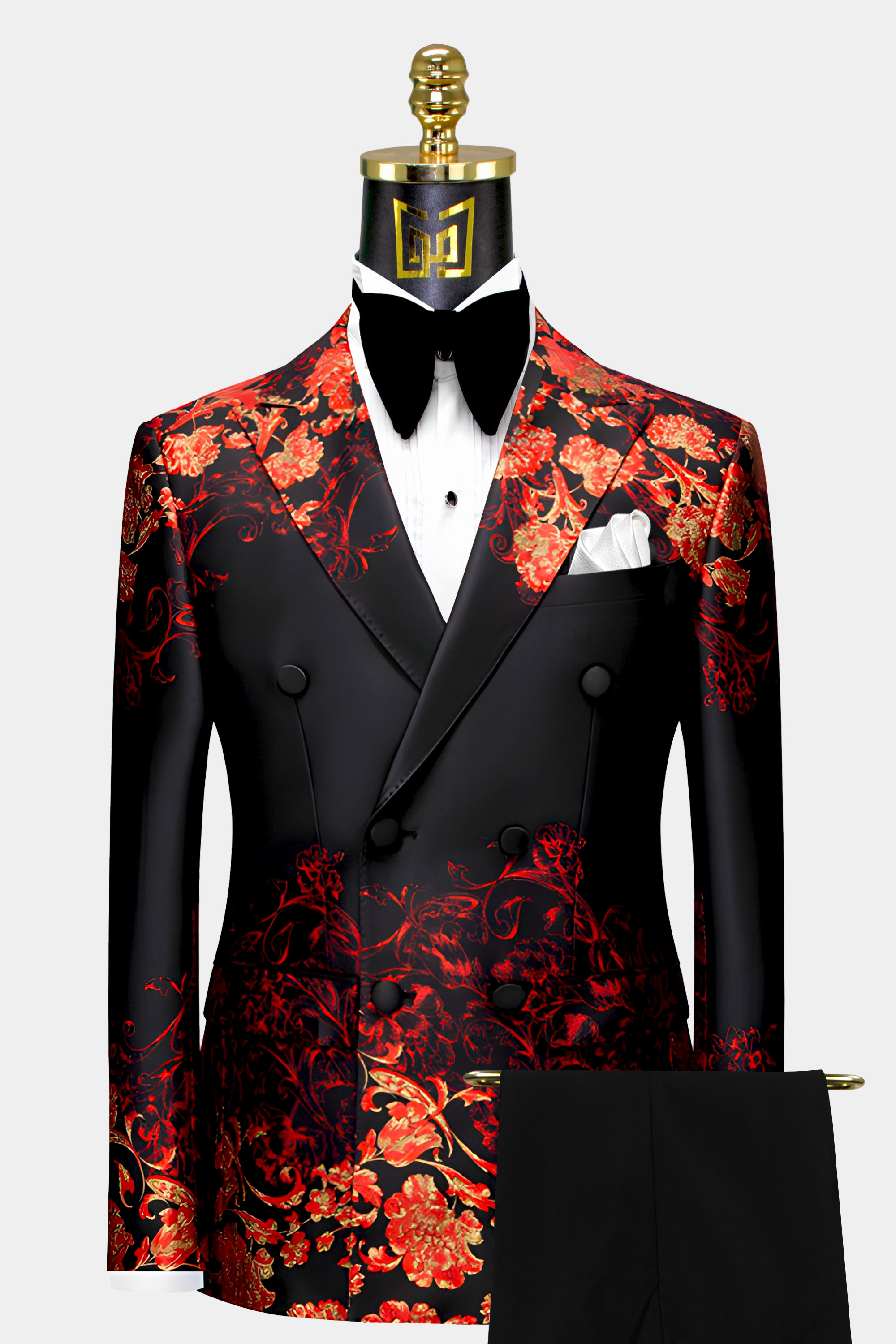 Gold Embroidery Mens Black/Red Wedding Suit Jacket Fashion Slim