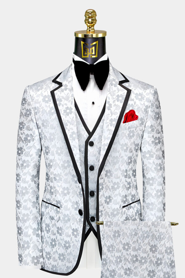 Silver Floral Tuxedo with Black Trim - 3 Piece