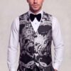 Four-button black and silver paisley tuxedo vest with matching trousers