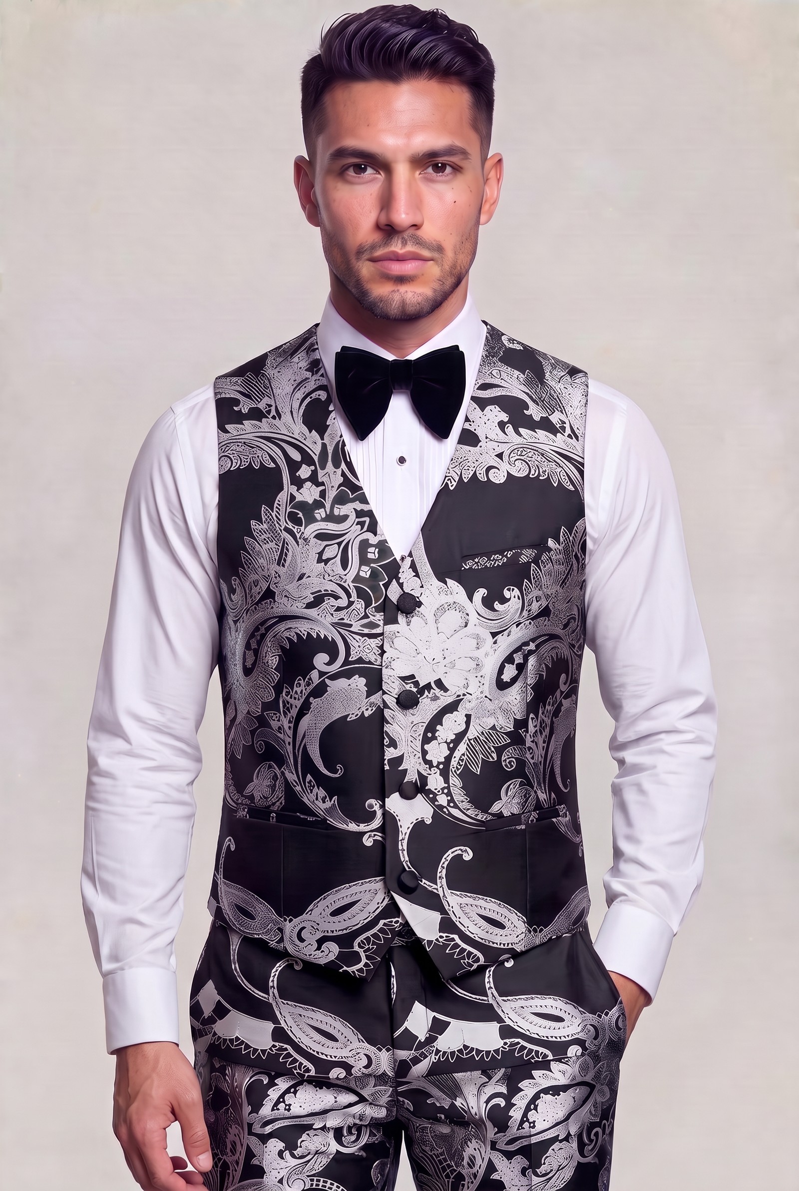 Four-button black and silver paisley tuxedo vest with matching trousers