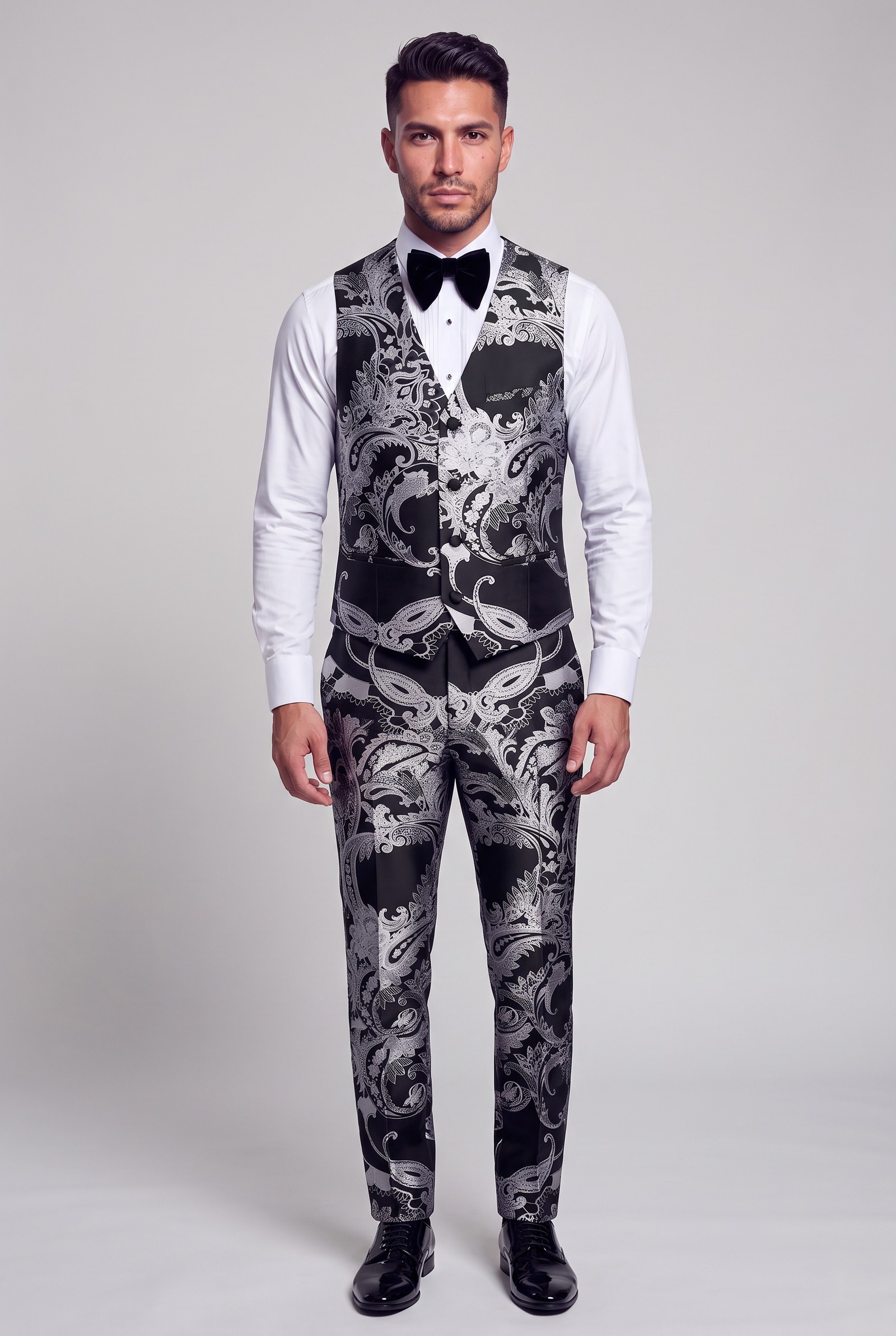 Full-length black and silver paisley vest and matching trousers