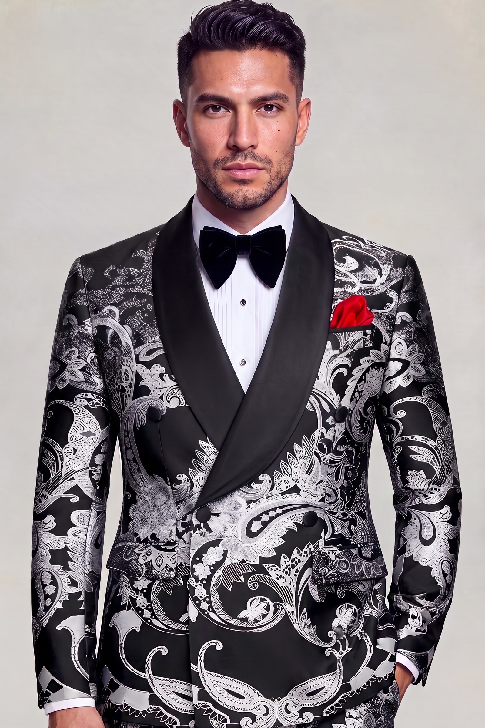 Black and silver tuxedo with broad shawl lapels and matching paisley trousers