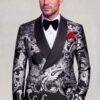 Double-breasted black and silver tuxedo styled with solid black trousers