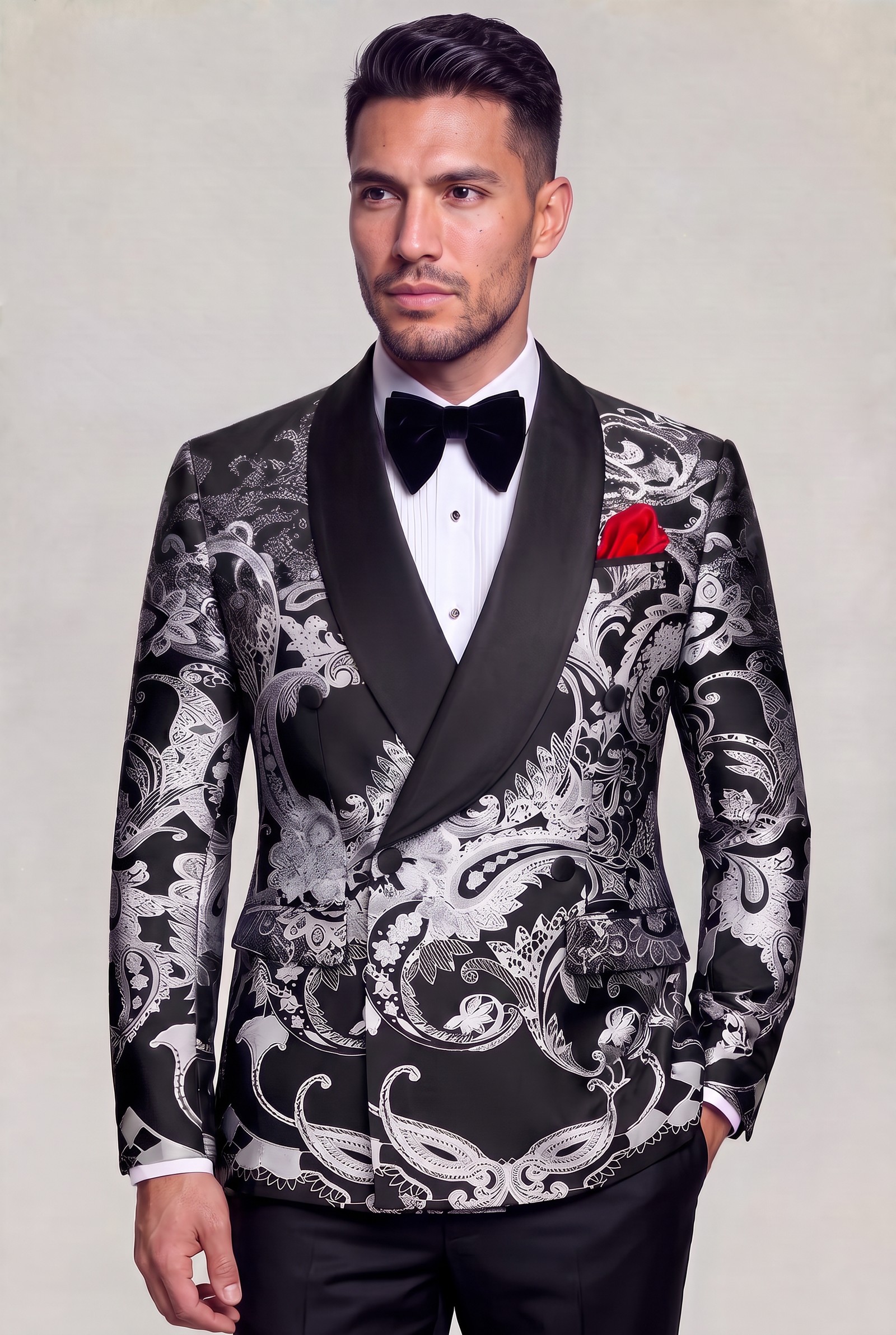 Double-breasted black and silver tuxedo styled with solid black trousers