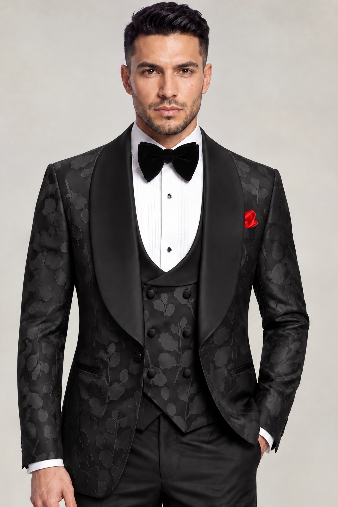 Black on black tuxedo with broad shawl lapels, cropped to show the full jacket