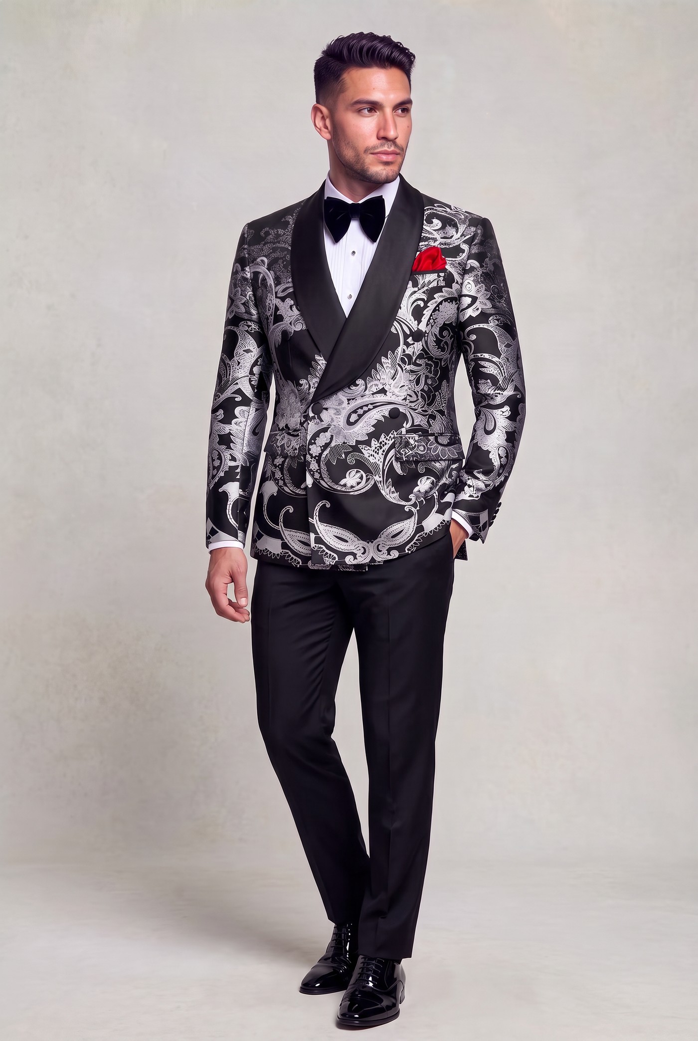 Full-length black and silver tuxedo with solid black trousers and polished shoes