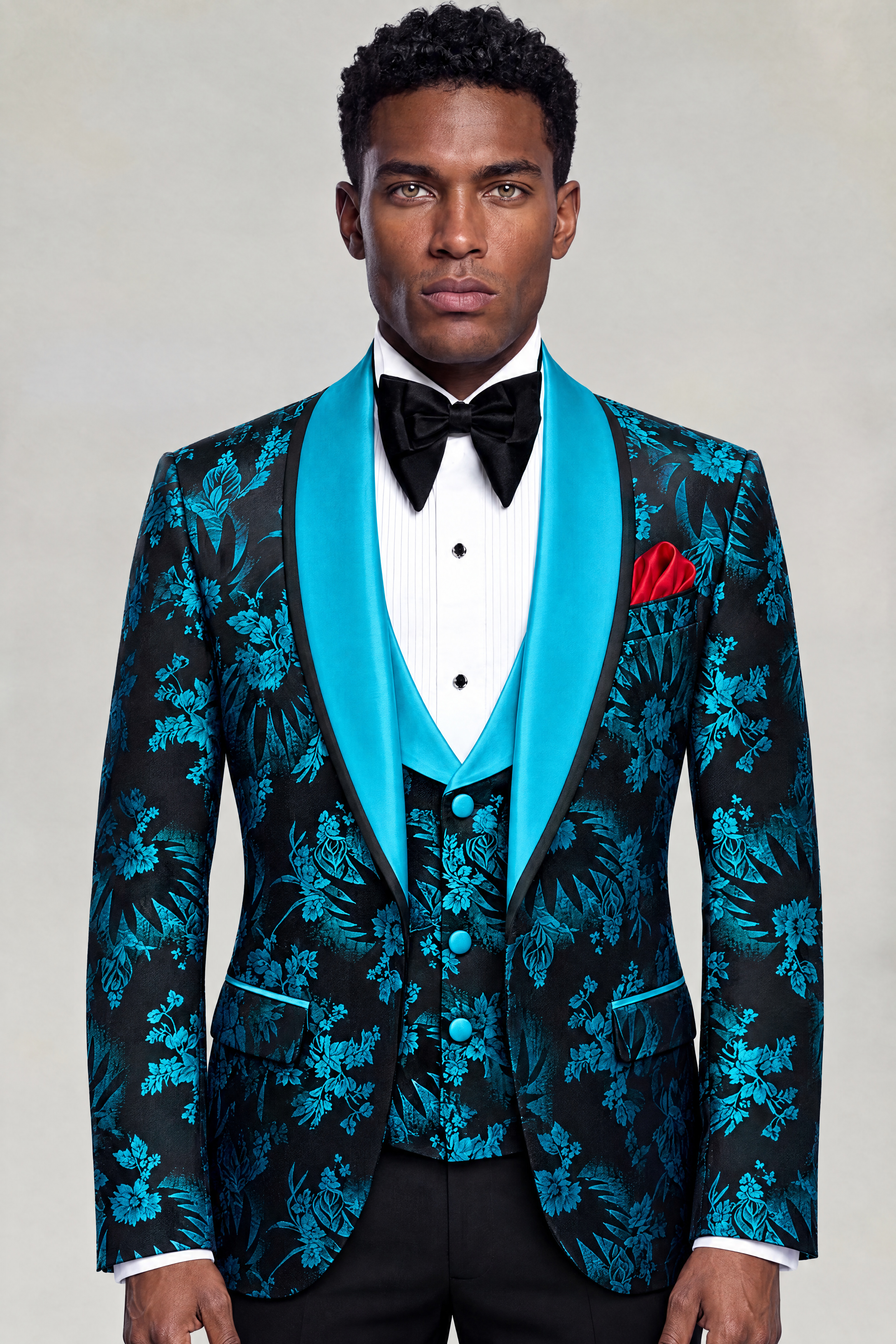 Front portrait of the turquoise and black palm-pattern tuxedo with satin shawl lapels from Gentleman's Guru
