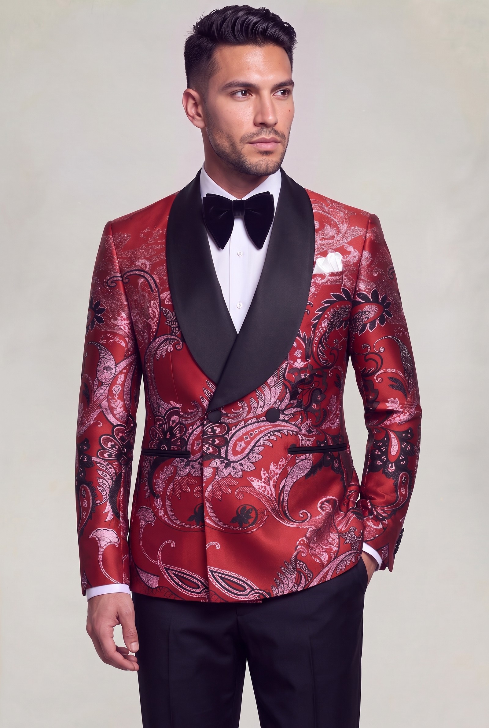 Wine red double-breasted tuxedo styled with plain black trousers