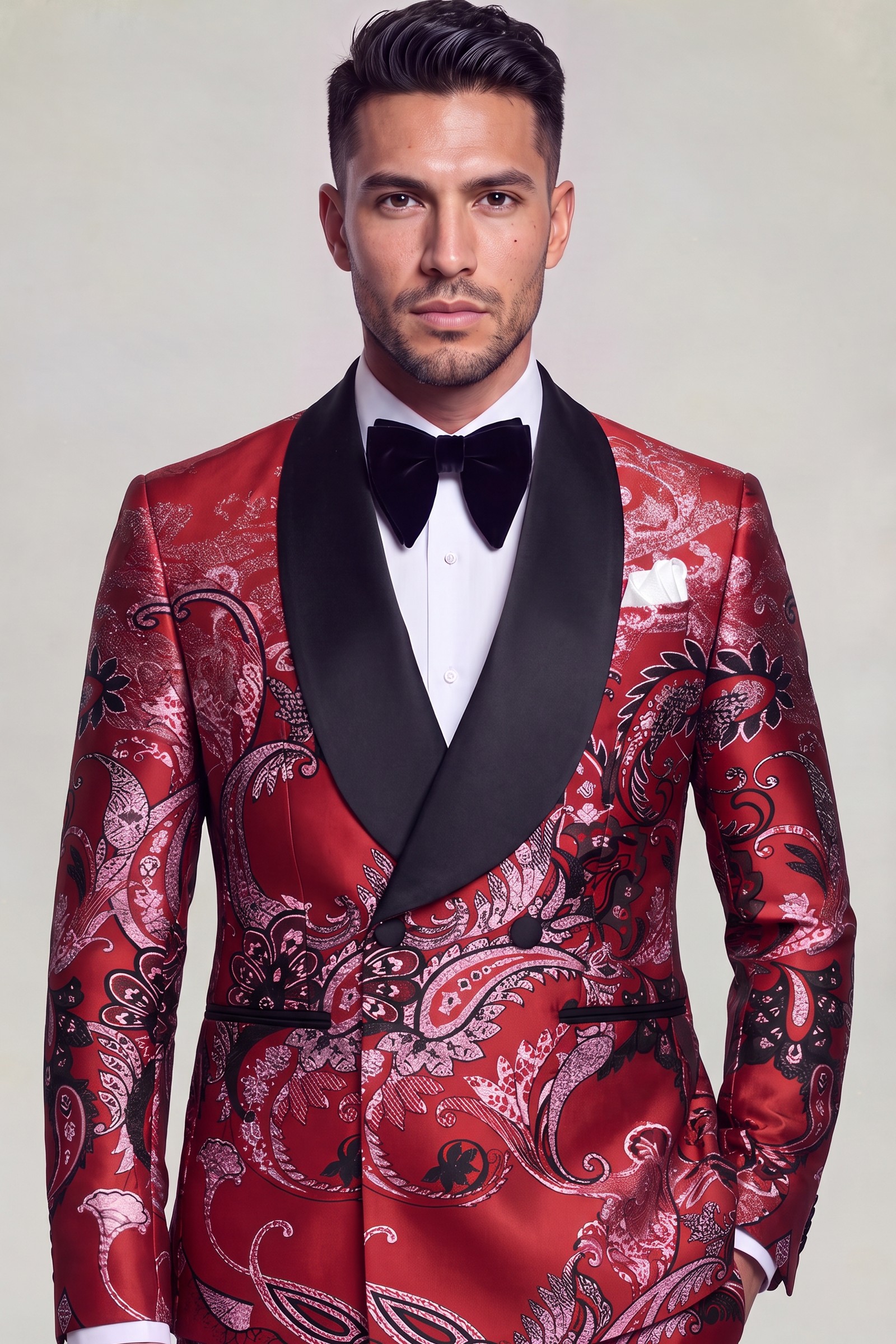 Wine red paisley tuxedo with broad shawl lapels and matching trousers