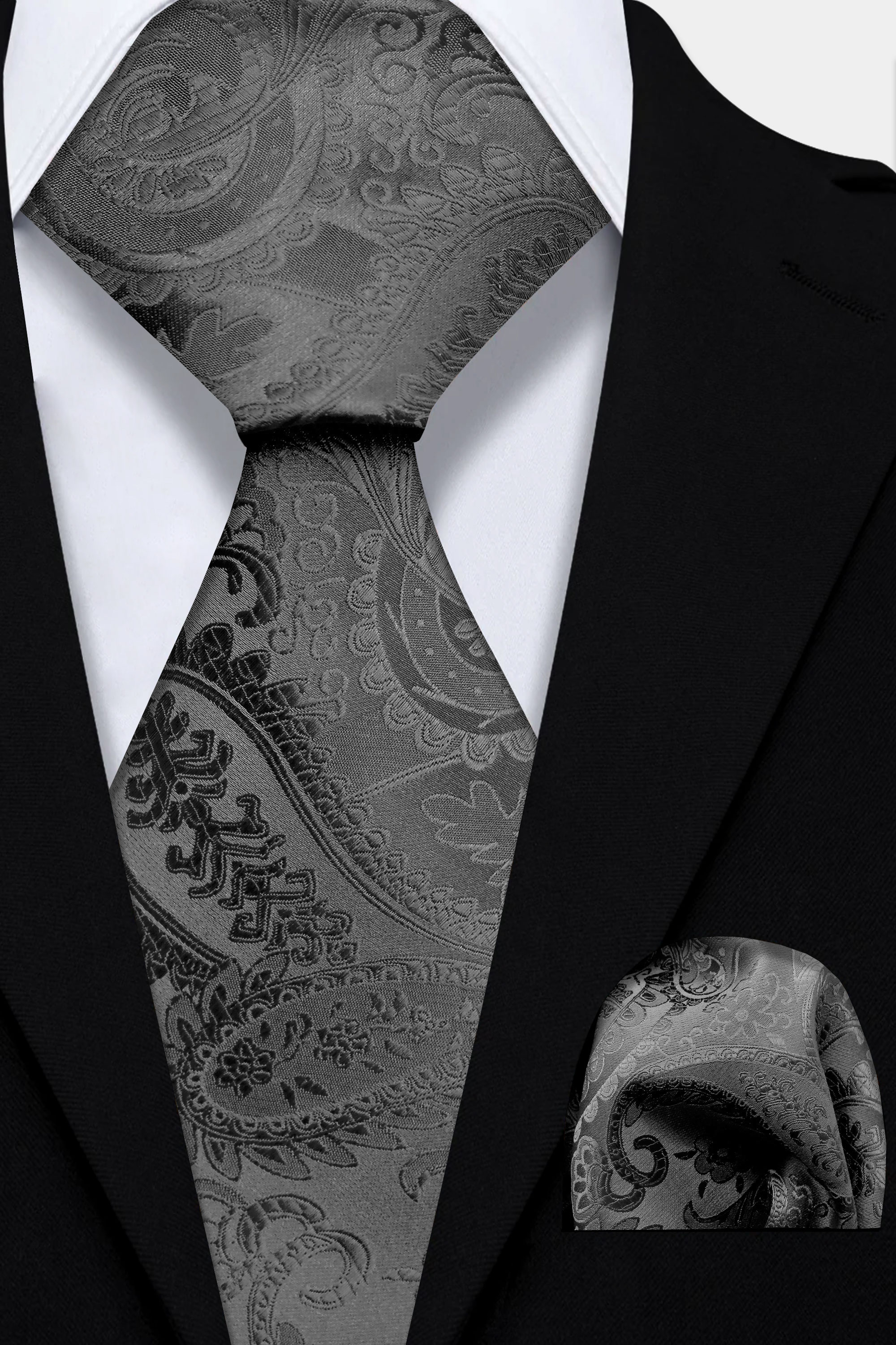 Mens-Grey-Paisley-Tie-and-Pocket-Square-Set-Wedding-Groom-Necktie-from-Gentlemansguru.com