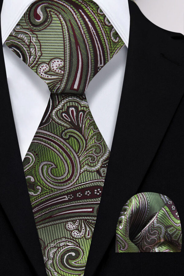 Olive Green Paisley Tie & Pocket Square Set - 2 Piece