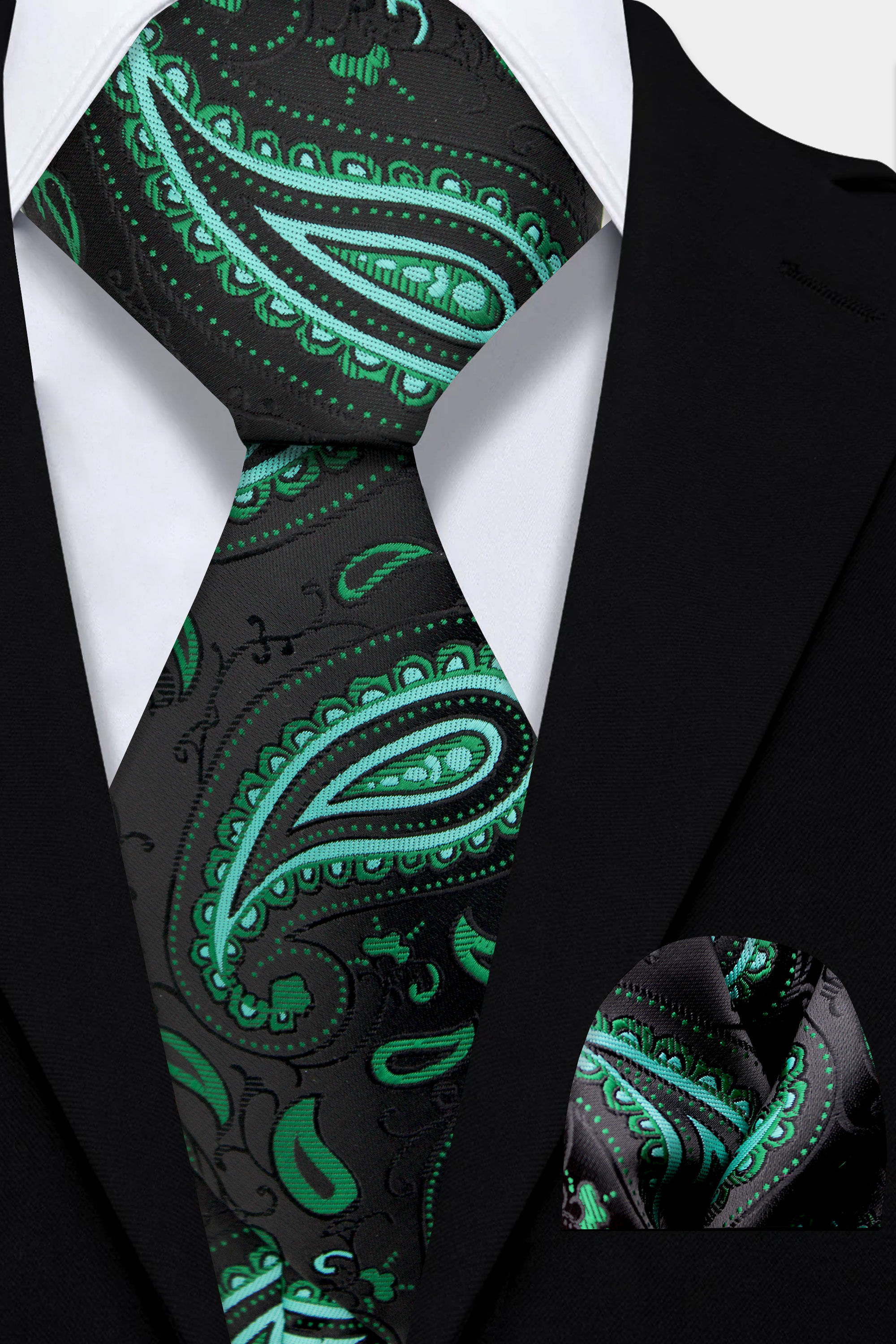 Paisley-Black-and-Green-Tie-and-Pocket-Square-Set-Wedding-Groom-Necktie-from-Gentlemansguru.com
