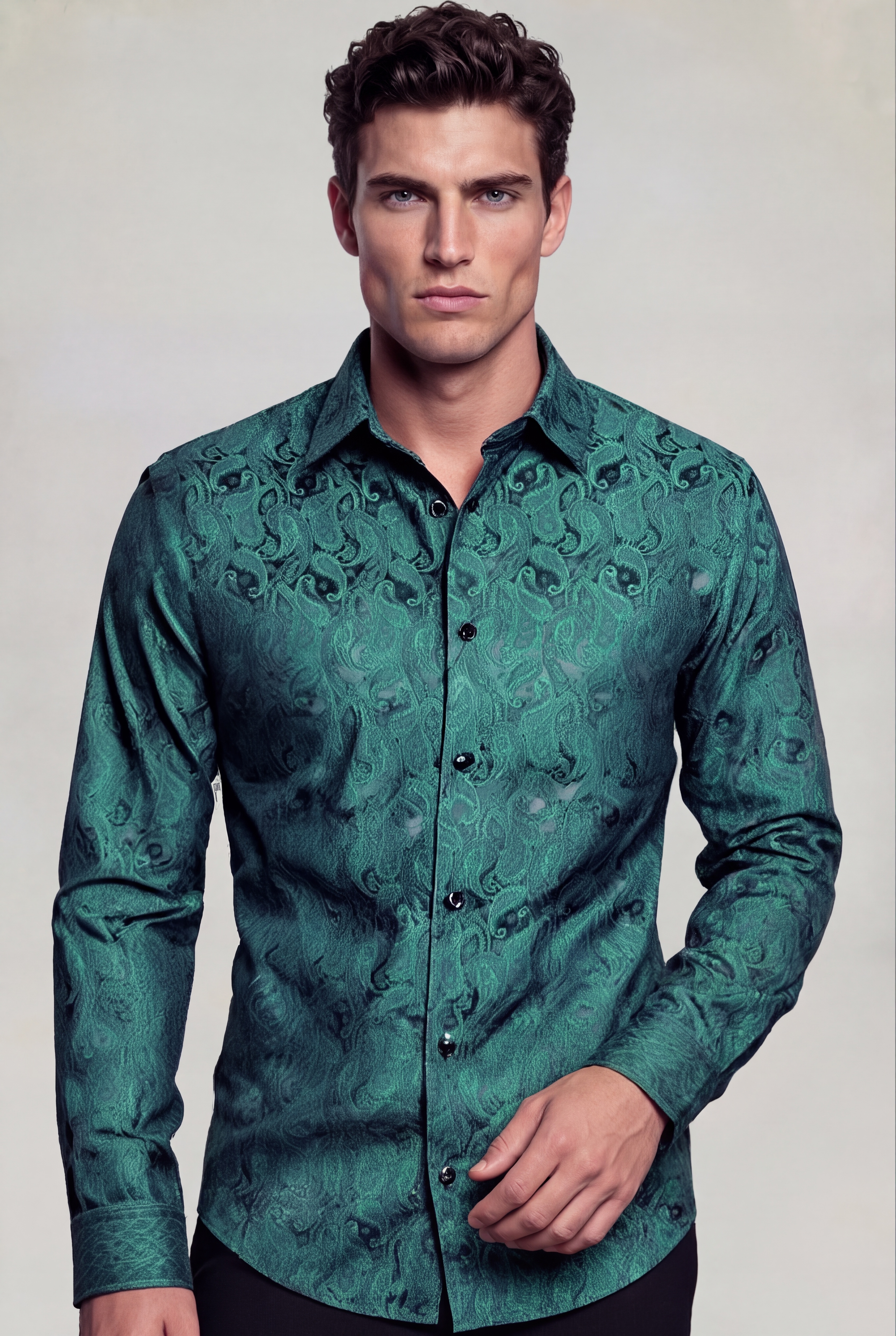 Men's emerald green paisley shirt and luxury floral dress shirt for weddings from Gentleman's Guru