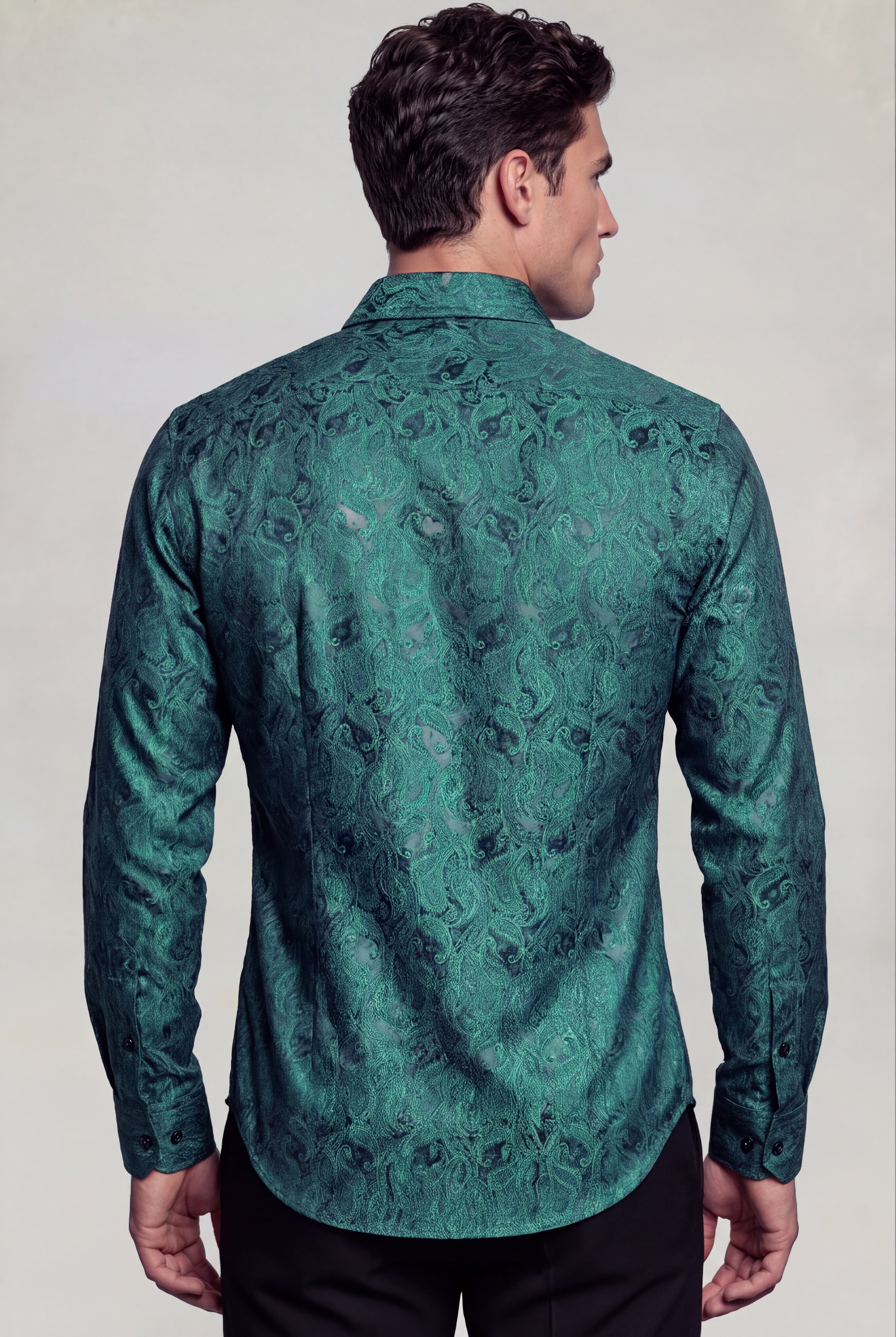 Men's exotic emerald green paisley long sleeve shirt for formal events from Gentleman's Guru