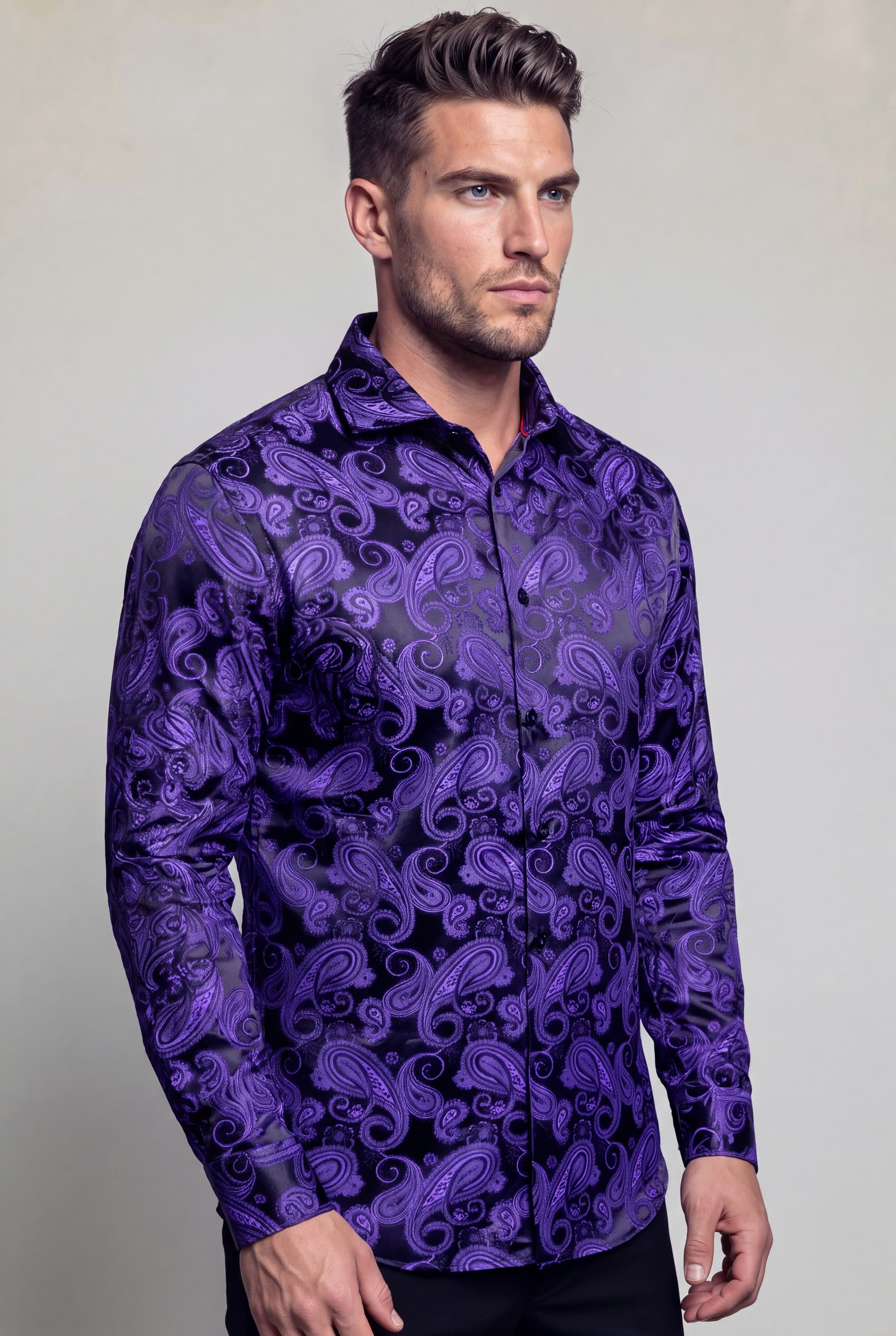 Men's luxury purple paisley dress shirt for homecoming and formal events