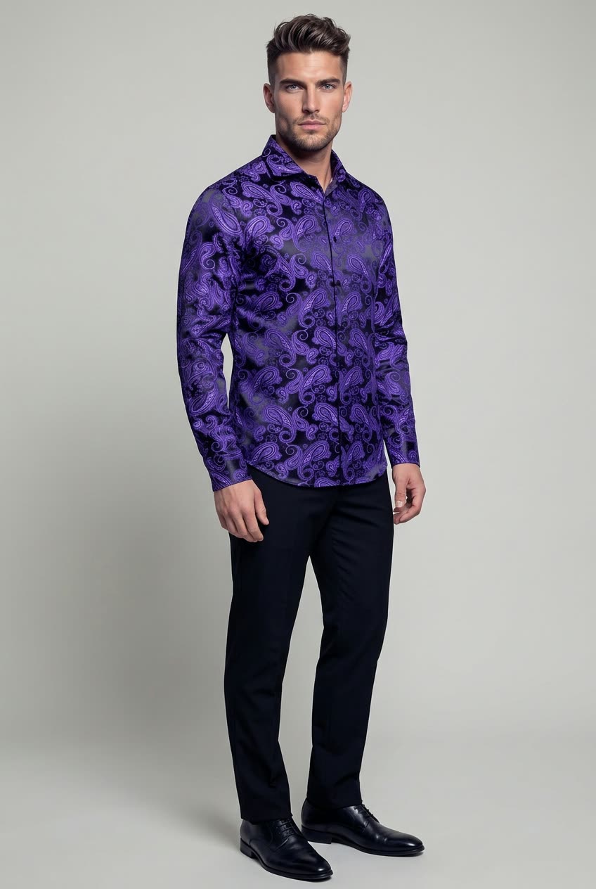 Men's purple floral shirt for wedding, prom and formal wear