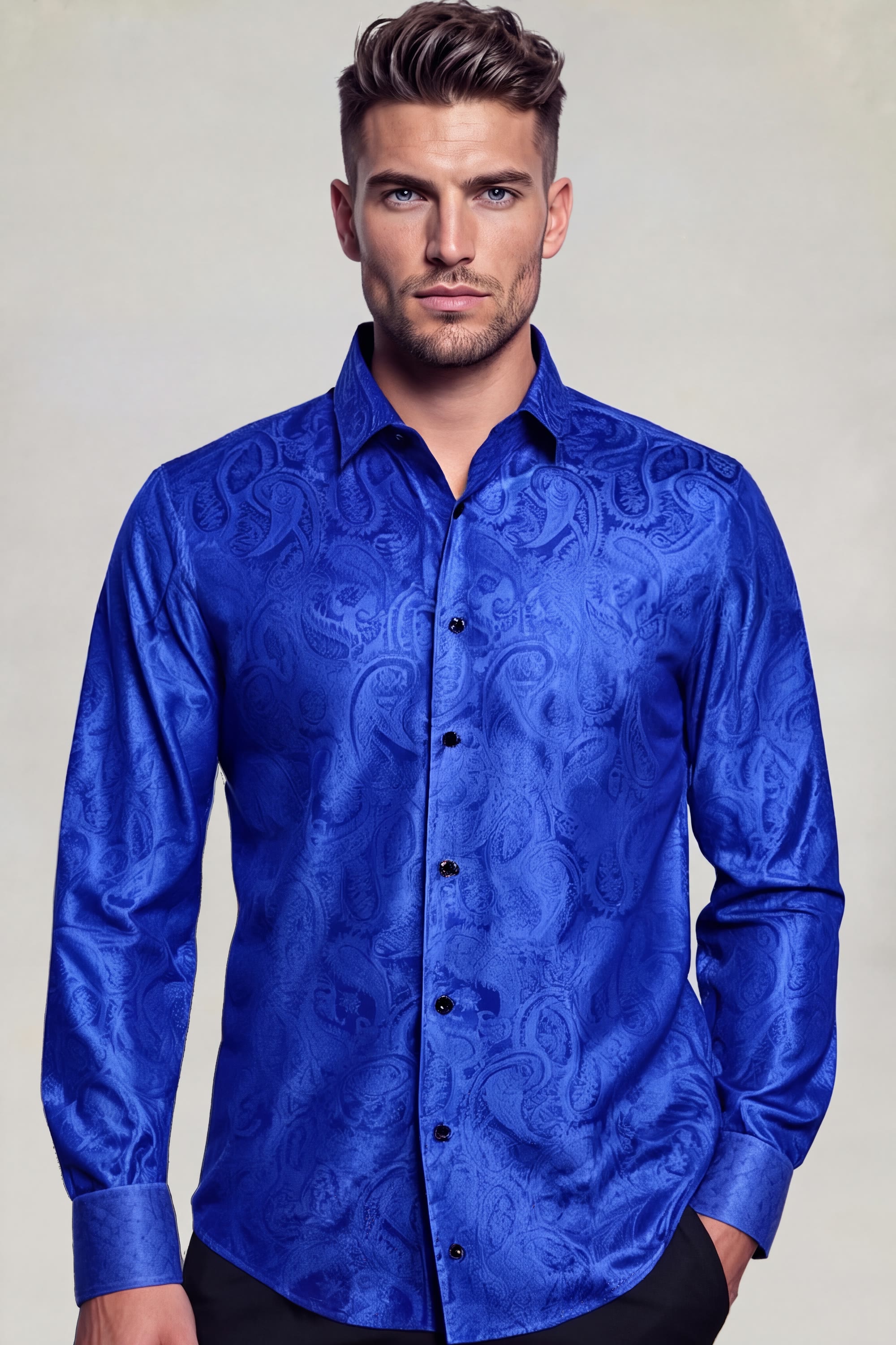 Men's royal blue paisley shirt and wedding dress shirt for men