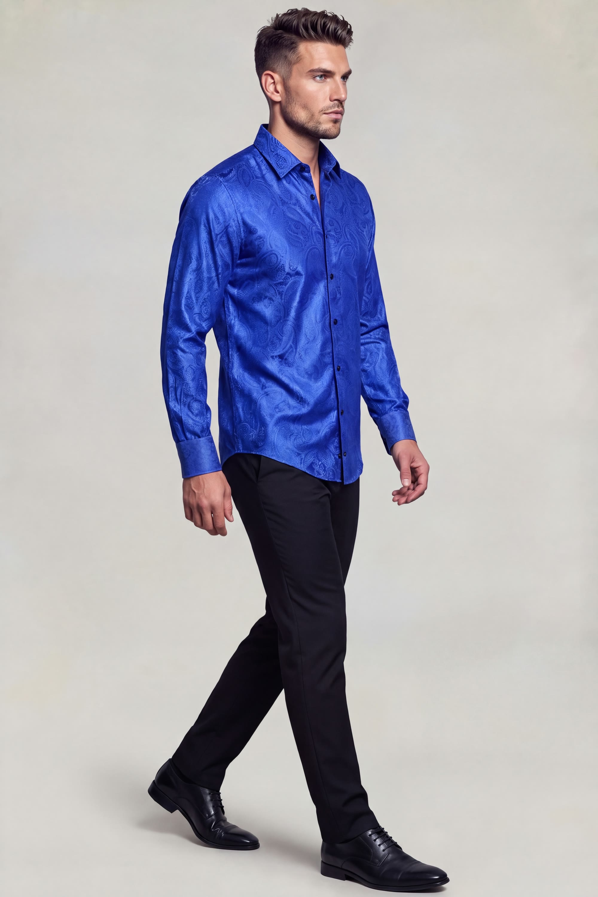 Men's royal blue satin paisley shirt and homecoming dress shirt