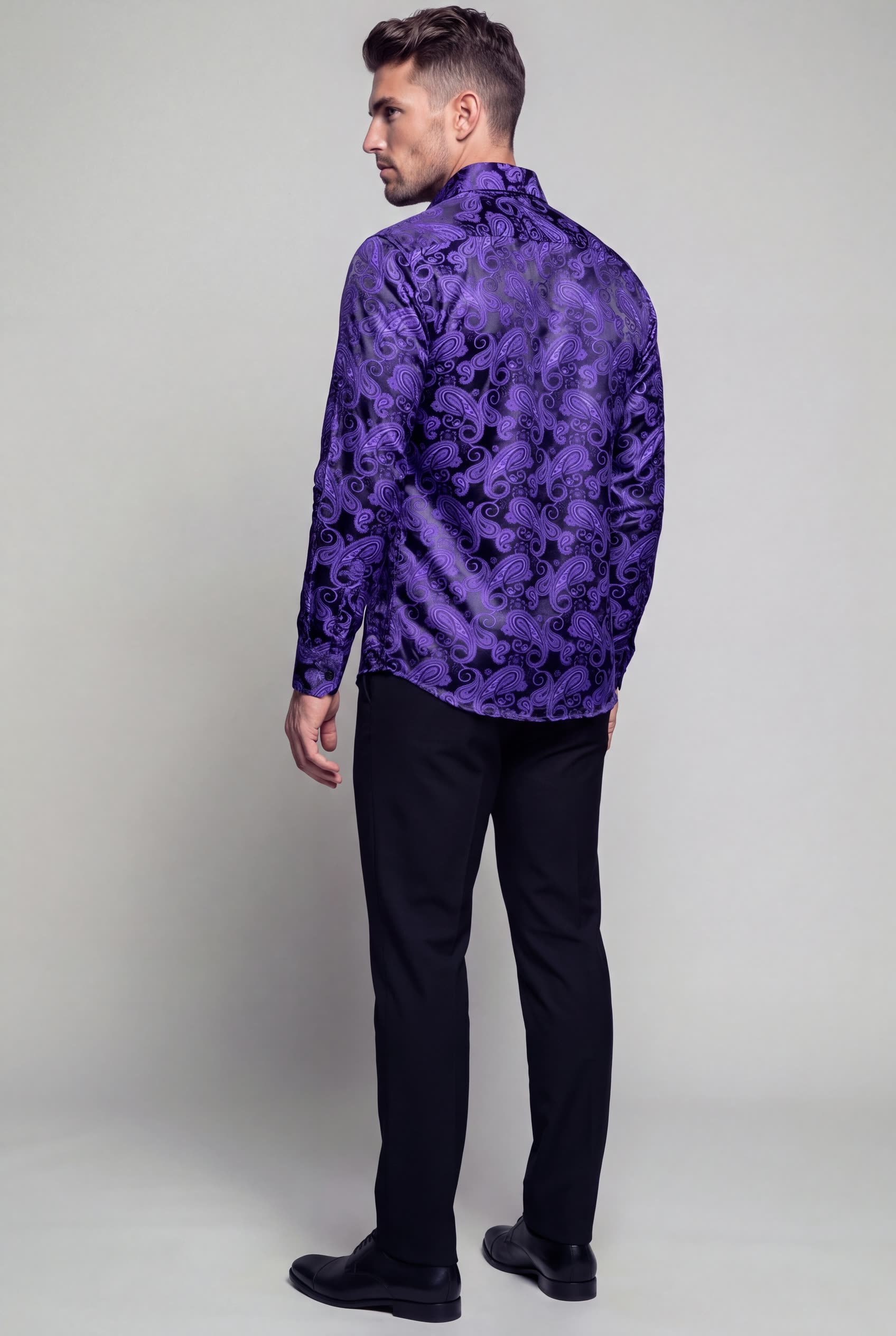 Purple and black paisley shirt for men for prom and weddings
