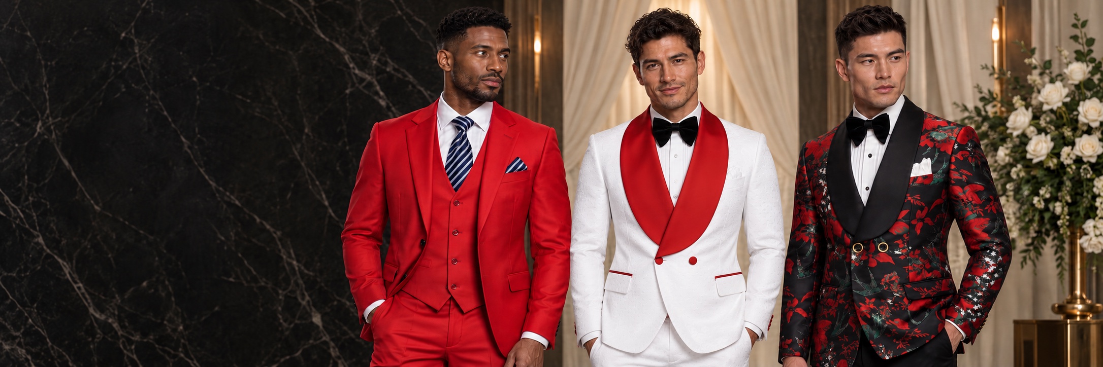 Three men in a classic red wedding suit, a white floral tuxedo with red shawl lapels and a black-and-red sparrow tuxedo from Gentlemansguru.com