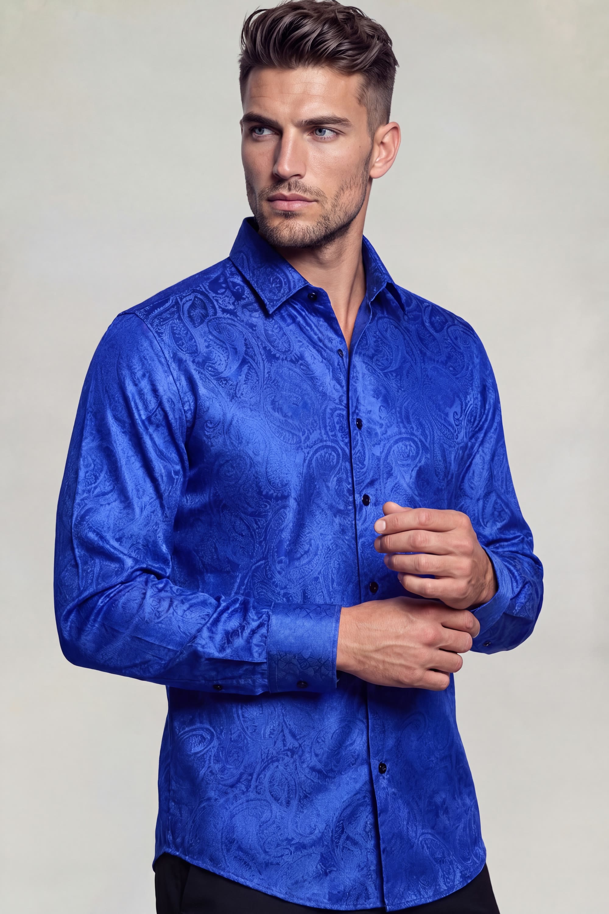 Royal blue floral dress shirt for men and luxury formal paisley shirt