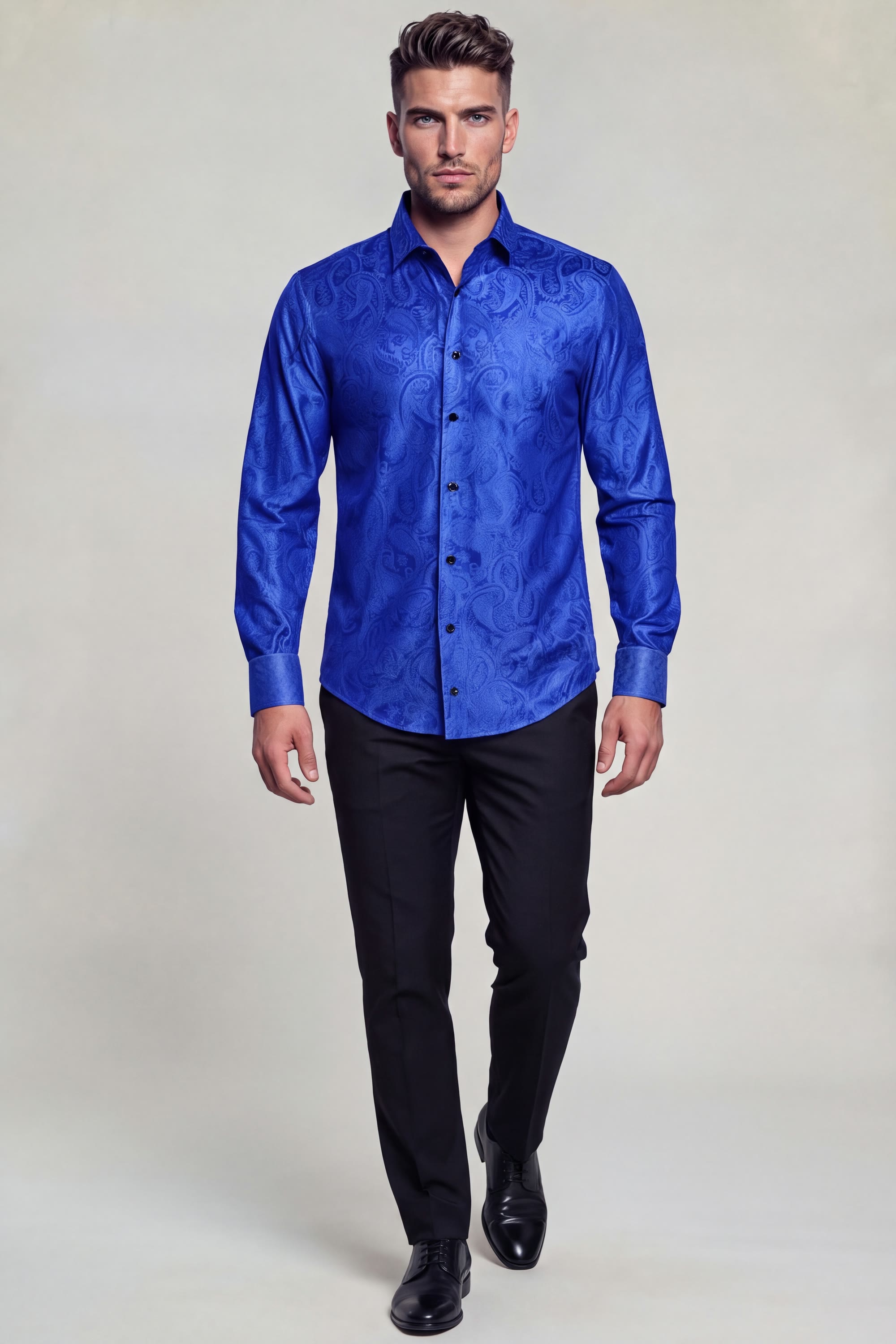 Royal blue patterned shirt for men and formal event dress shirt