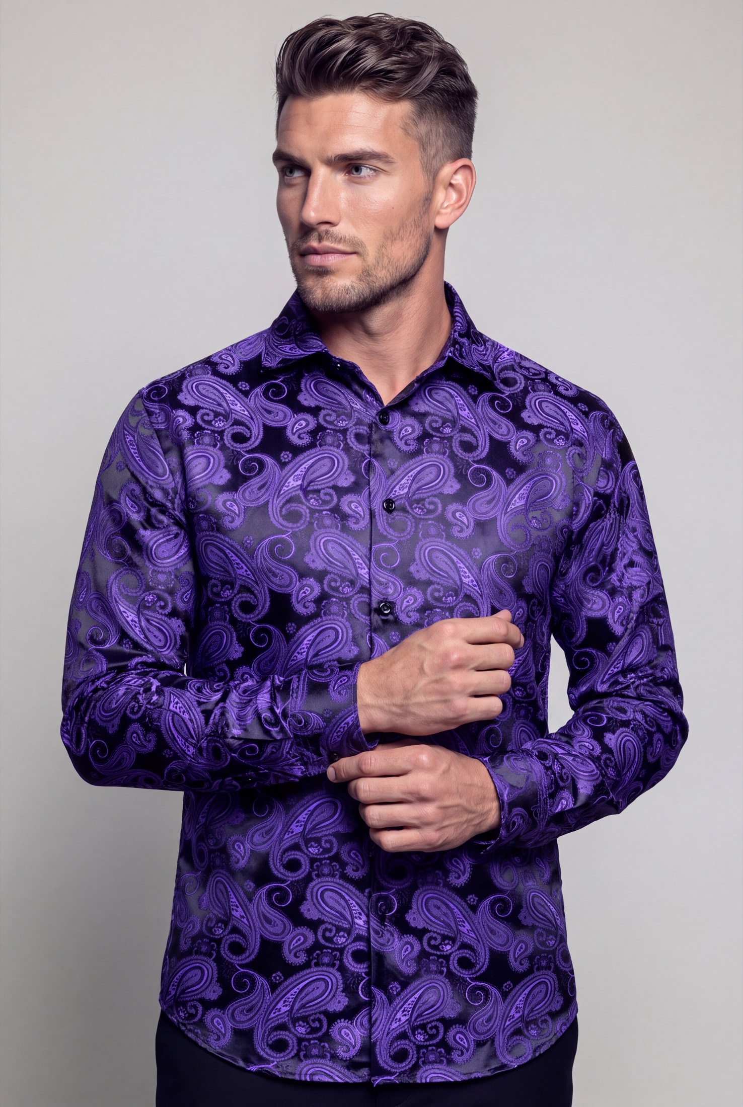 Men's purple paisley wedding dress shirt for prom and formal events