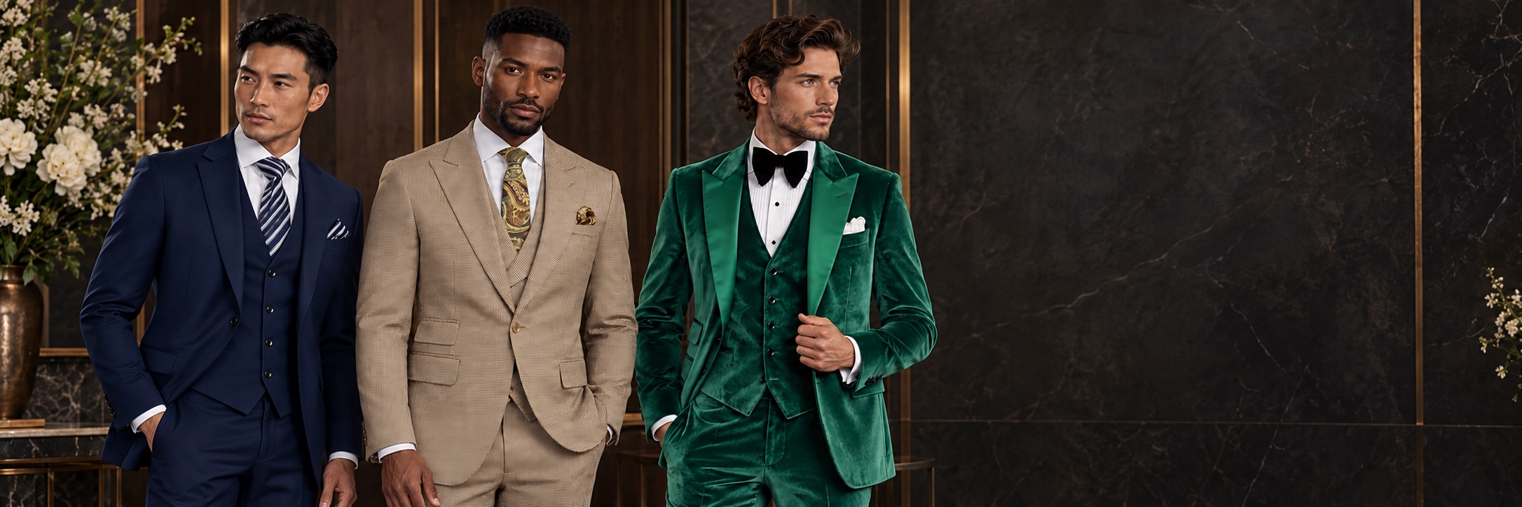 3 Piece Wedding Suits & Groom Tuxedos — Navy Tailoring, Tan Houndstooth and Emerald Velvet from Gentlemansguru.com Three men wearing 3 piece wedding suits and groom tuxedos with matching waistcoats in navy, tan houndstooth and emerald green velvet from Gentlemansguru.com