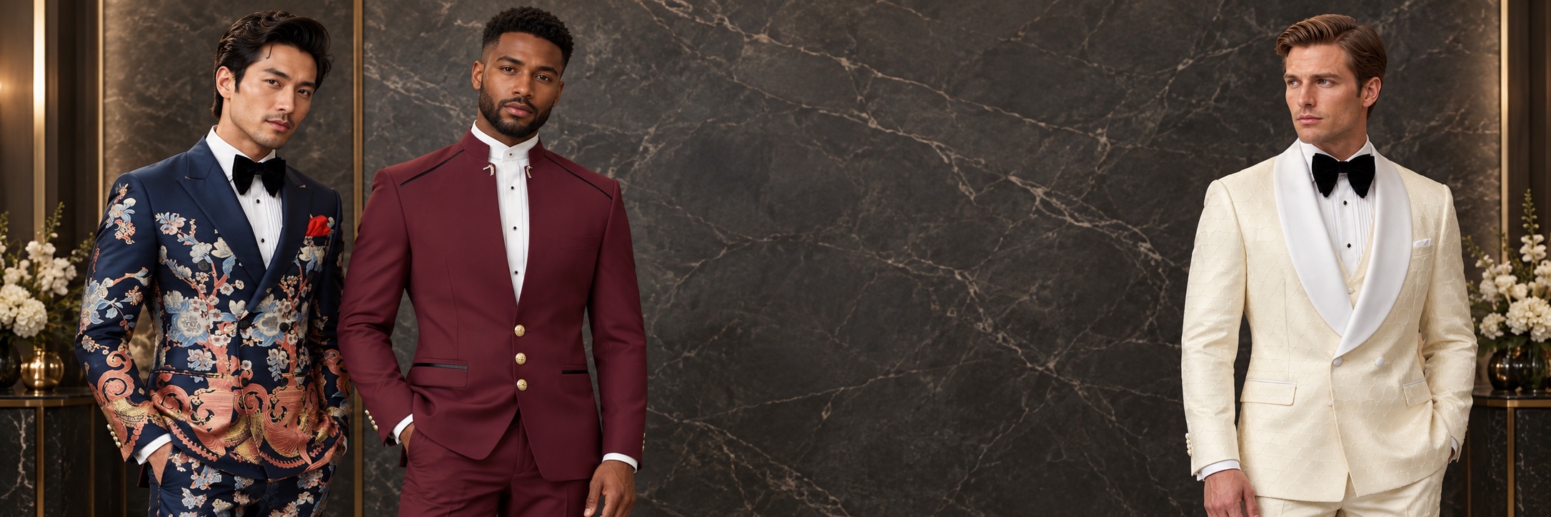 Custom Wedding Suits & Groom Tuxedos — Navy Sakura Florals, Burgundy Mandarin Collar and Cream Jacquard from Gentlemansguru.com Three men wearing custom wedding suits and groom tuxedos in navy Sakura florals, burgundy Mandarin collar and cream circular jacquard designs from Gentlemansguru.com